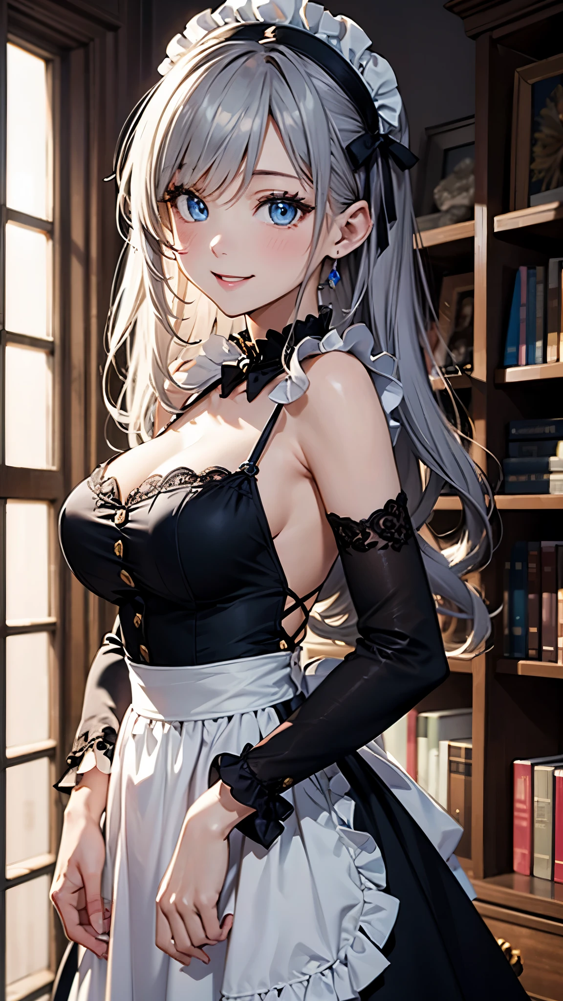 (Ultra high detail、highest quality、official art)、woman alone、mysterious atmosphere、(attractive woman)、28 years old、silver hair、white headband、shortcut、from head to knees、big bust、Black backless maid outfit、blue eyes、Big eyes、smile、archive、old book、indirect lighting、(delicate illustrations)、Light、Light、