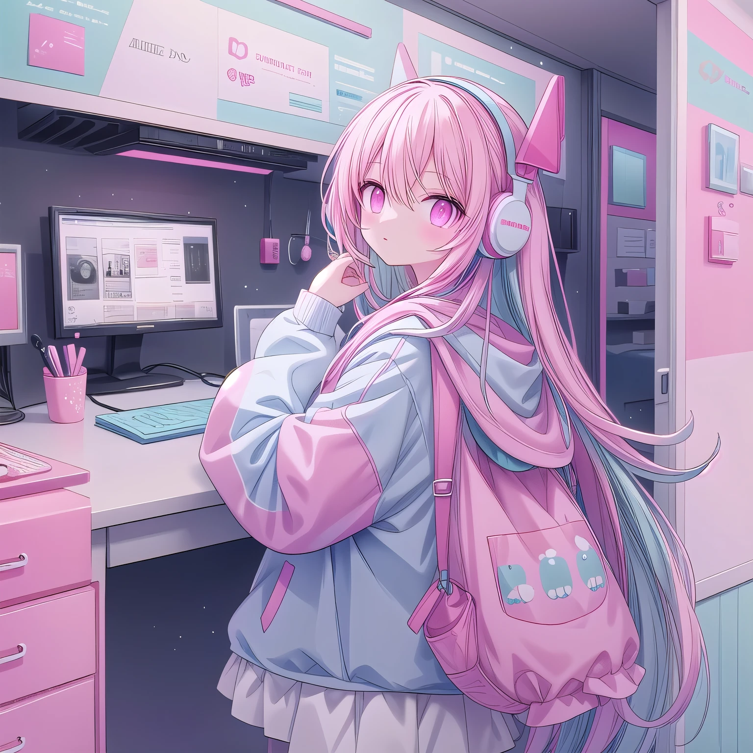 light blue long hair,Pink and white sweatshirt,pink eyes,black headphones,