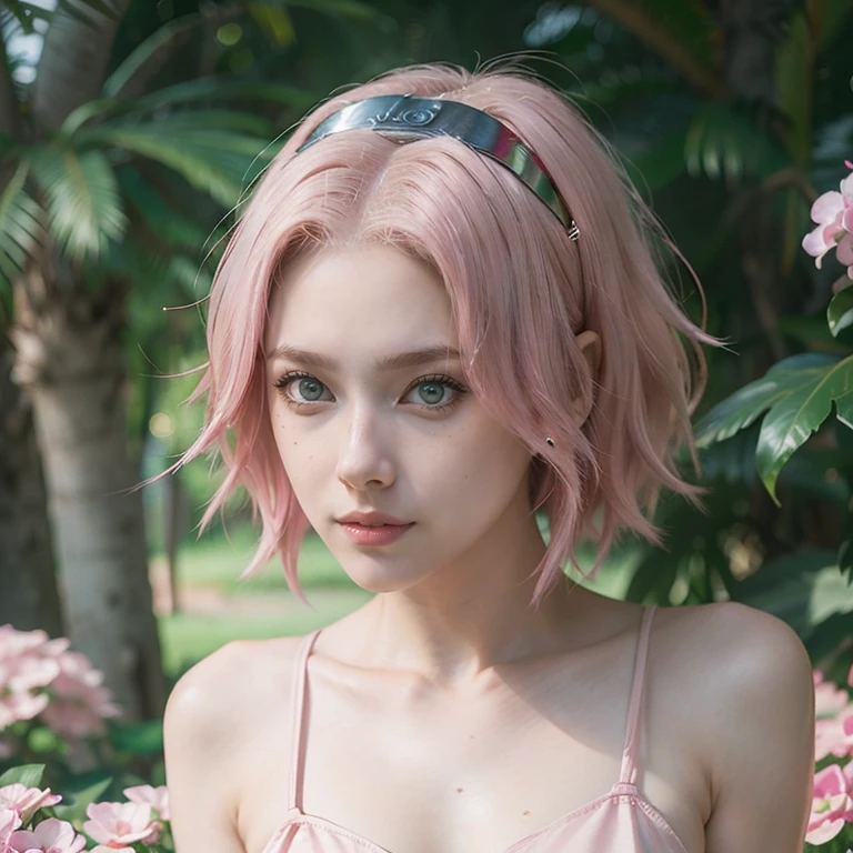 young woman, short shoulder-length pink hair, wide forehead, porcelain skin, pink eyebrows, big emerald green eyes, buttoned nose, full lips, heart-shaped face, slender body, small breasts, red tank top, Sakura Haruno , realistic, realism, details, 3d, well detailed
