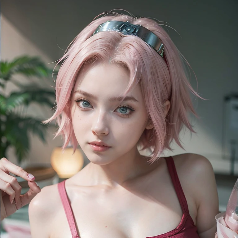 young woman, short shoulder-length pink hair, wide forehead, porcelain skin, pink eyebrows, big emerald green eyes, buttoned nose, full lips, heart-shaped face, slender body, small breasts, red tank top, Sakura Haruno , realistic, realism, details, 3d, well detailed
