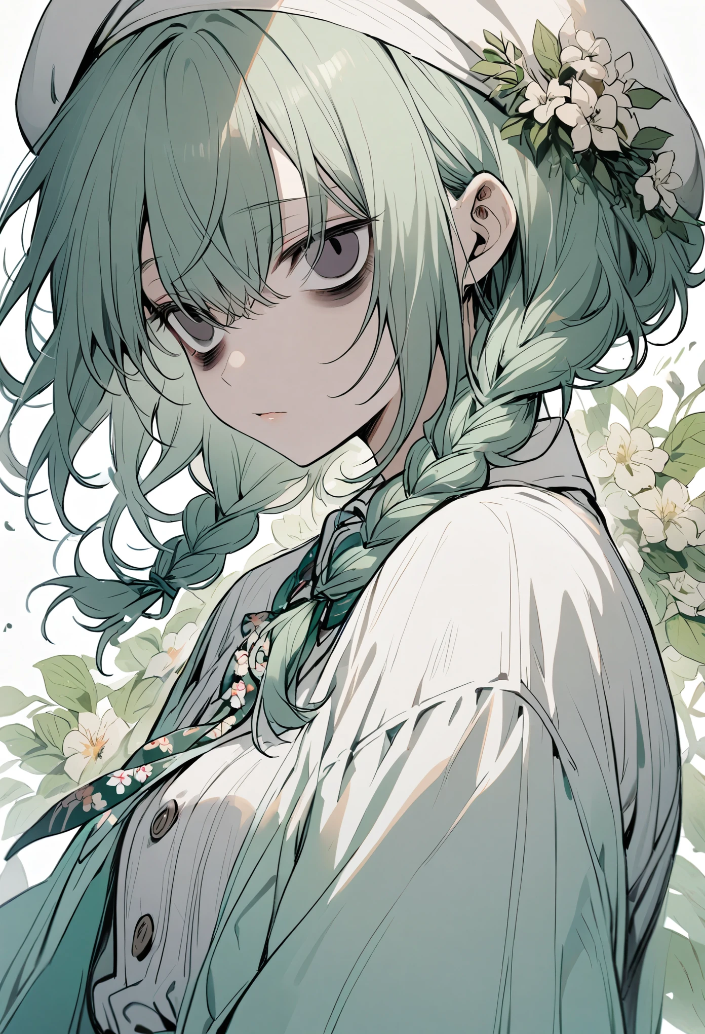 1 girl, (bags under eyes:1.5), Mint green hair, twin_braid, white beret, White shirt, Flower tie