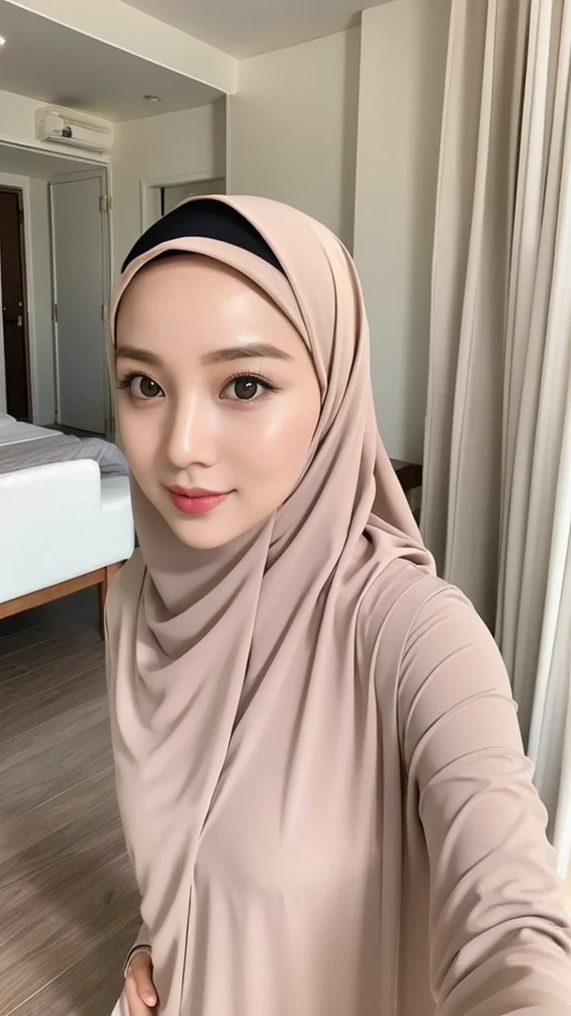 Beautuful Women、hijab, indonesian, realistic, a room、selfee、White Room、The face is cute、Vanrak Ayyans appears. beautiful、alone