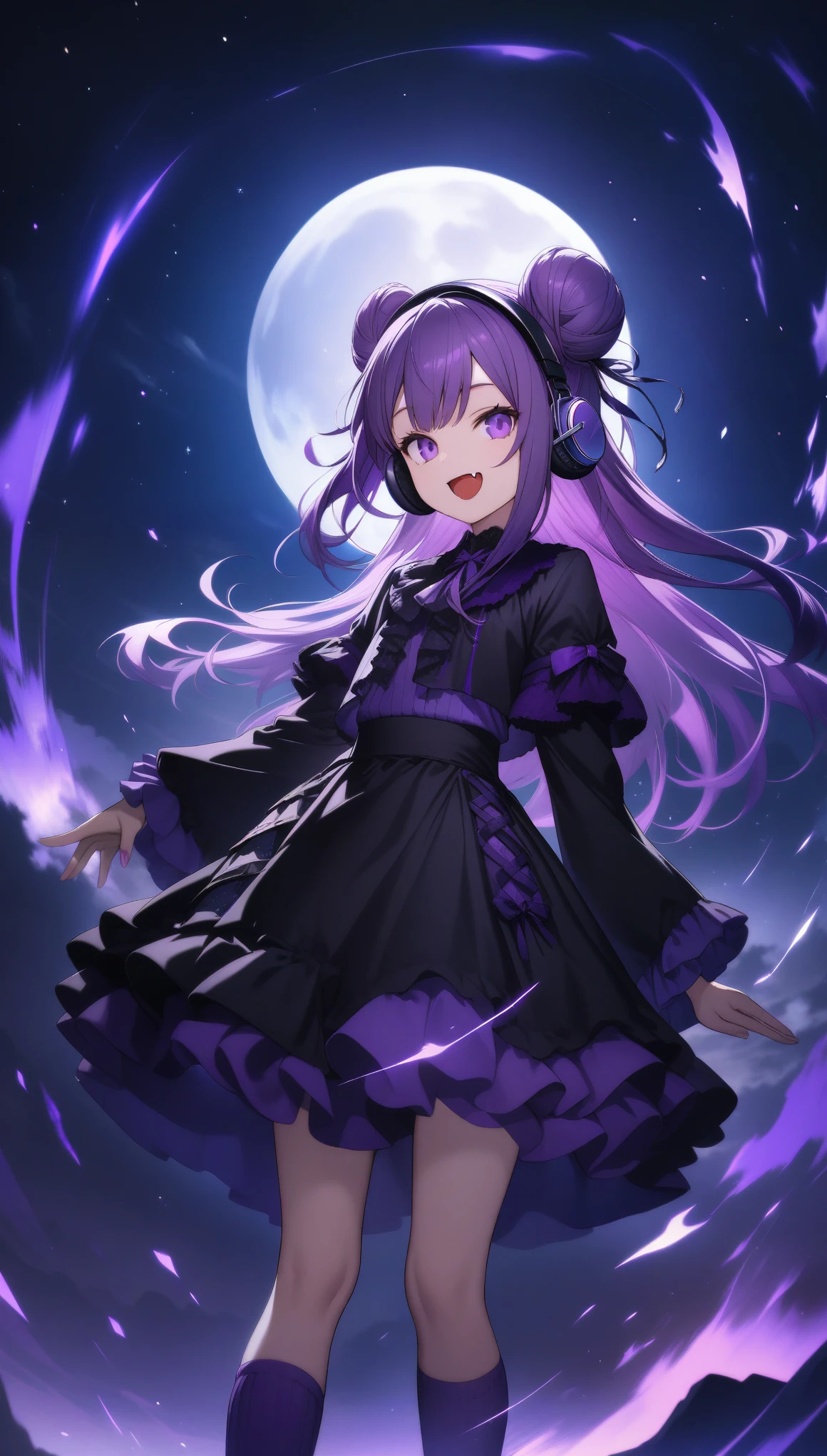 32k, best quality, ultra high res, HDR, UHD, extremely detailed CG, unity 32k wallpaper, (((hight quality))), (((high-level image quality))), (((smile))), (((purple gothic lolita))), (((full moon))), (((hight quality starry sky background))), (((purple hair))), (((double bun_head))), (((purple eyes))), ((())), (((purple over knee socks))), (((fang))), ((headphone)),