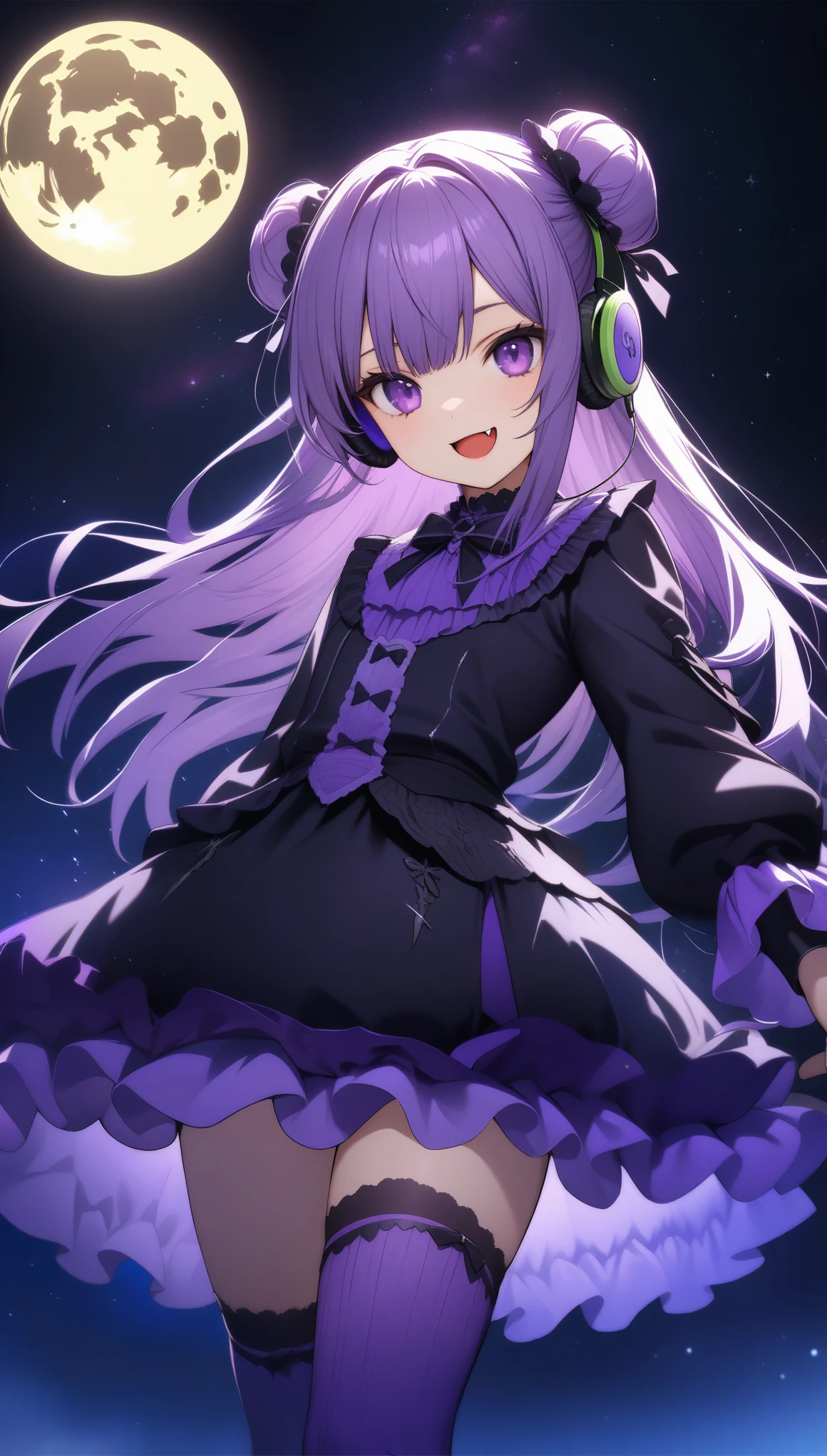 32k, best quality, ultra high res, HDR, UHD, extremely detailed CG, unity 32k wallpaper, (((hight quality))), (((high-level image quality))), (((smile))), (((purple gothic lolita))), (((full moon))), (((hight quality starry sky background))), (((purple hair))), (((double bun_head))), (((purple eyes))), (((16 years old))), (((purple over knee socks))), (((fang))), ((headphone)),