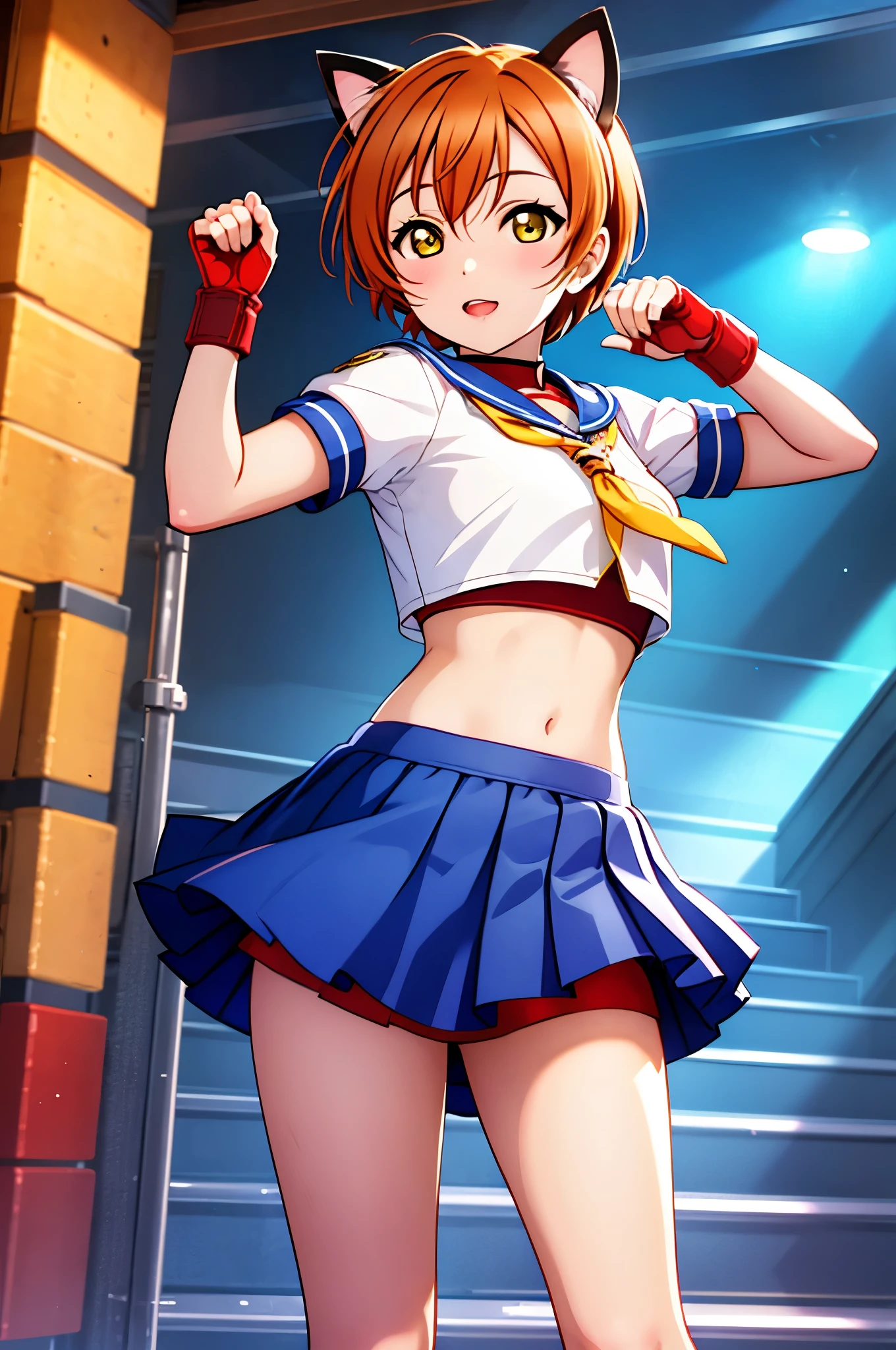 Hoshizora rin, orange hair, yellow eyes ,short hair, bangs, , crop top, red neckerchief, ((blue skirt)), fingerless gloves, thighs, standing, cowboy shot,cat ears