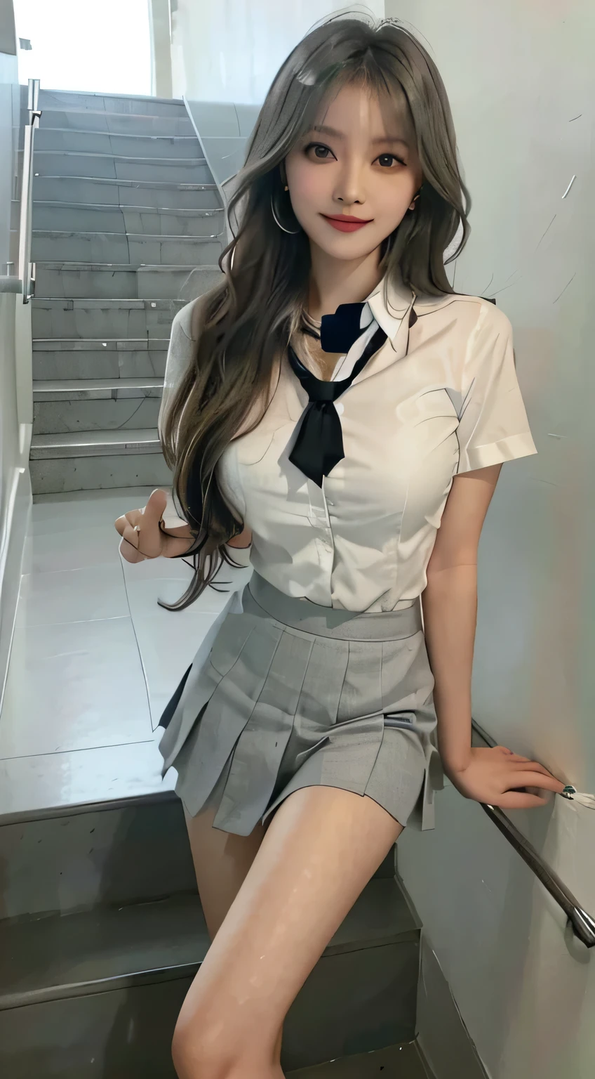 gray eyes, korean , summer shirt, ribbon tie, Korean student tight skirt, bright blonde, school stairs, going down school stairs, Pose that sticks out the chest, Breast-revealing pose, 8k RAW photo, High resolution, 16 year old cool korean, very big round breasts, Beautiful eyes in detail, long eyelashes, beautiful double eyelids, eye shadow, eyeliner, Cut Eye, elongated eye shape, Three white eyes, evil smile, evil look, very slender and beautiful legs, Beautiful very thin thighs, random medium hair, hair tied at the back of the head, earrings,