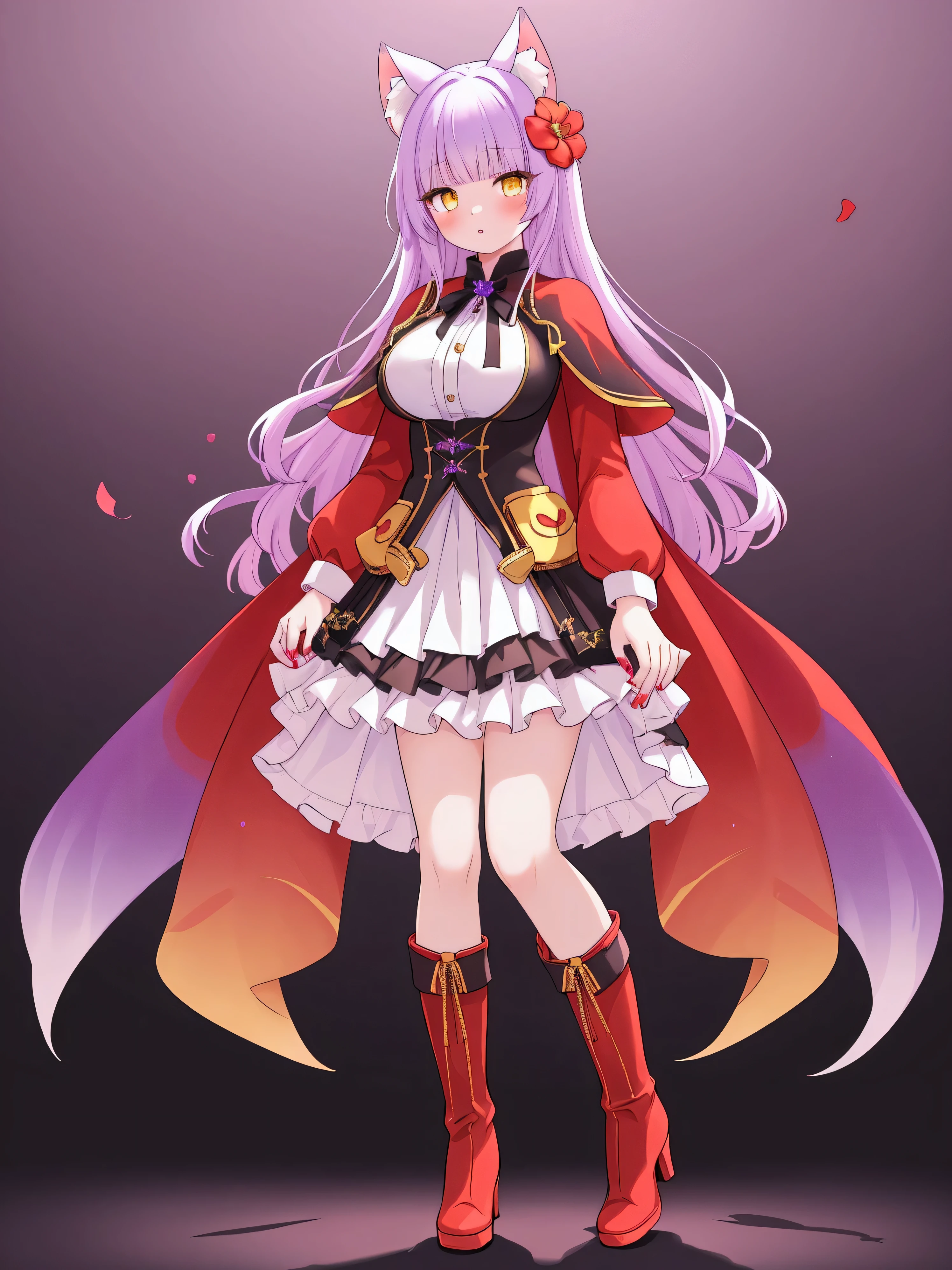 masterpiece, top quality, super detailed, CG illustration, high resolution, better lighting, best shadows, very delicate and beautiful, proper shading, hd, 8k,1girl, solo, long hair, breasts, looking at viewer, blush, bangs, skirt, blonde hair, large breasts, shirt, hair ornament, long sleeves, animal ears, standing, full body, yellow eyes, white shirt, purple hair, flower, multicolored hair, boots, parted lips, hair flower, cape, high heels, animal ear fluff, gradient, gradient background, brown footwear, own hands together, red flower, red footwear, red nails, extra ears, high heel boots, purple flower, black cape, yellow skirt