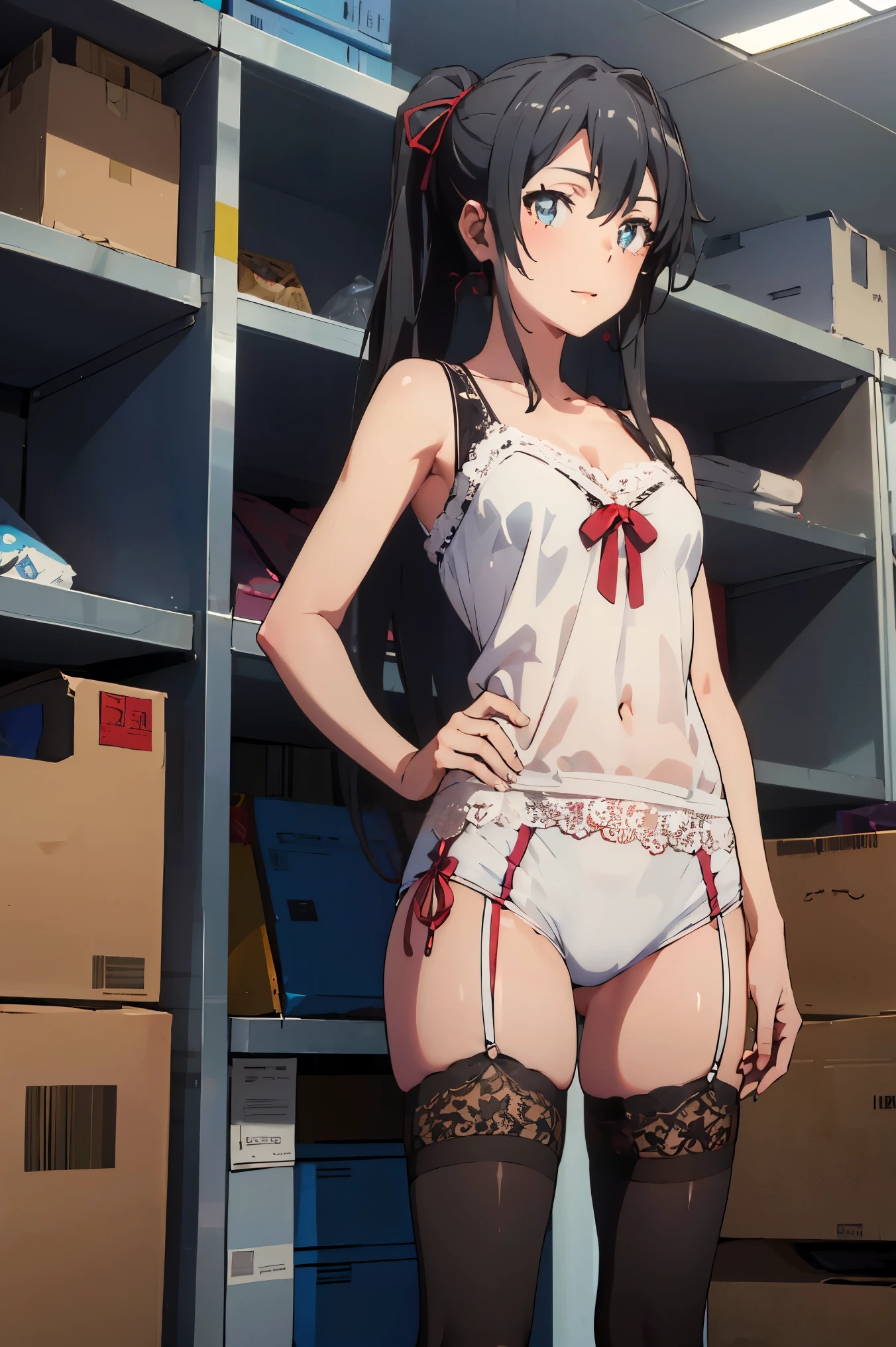 score_8_up, score_7_up, source_anime,1 girl, solo, hair_ponytail ribbon,Black hair, eyes blue, long hair, smile , Yukinoshita Yukino 
BREAK (lace, lace-trimmed_legwear, lace_trim, thighhighs:1.2)
BREAK gym storeroom,
BREAK (looking at viewer, standing from below:1.1),
BREAK (masterpiece:1.2), best quality, high resolution,NSW ,unity 8k wallpaper, (illustration:0.8), (beautiful detailed eyes:1.6), extremely detailed face, perfect lighting, extremely detailed CG, (perfect hands, perfect anatomy),