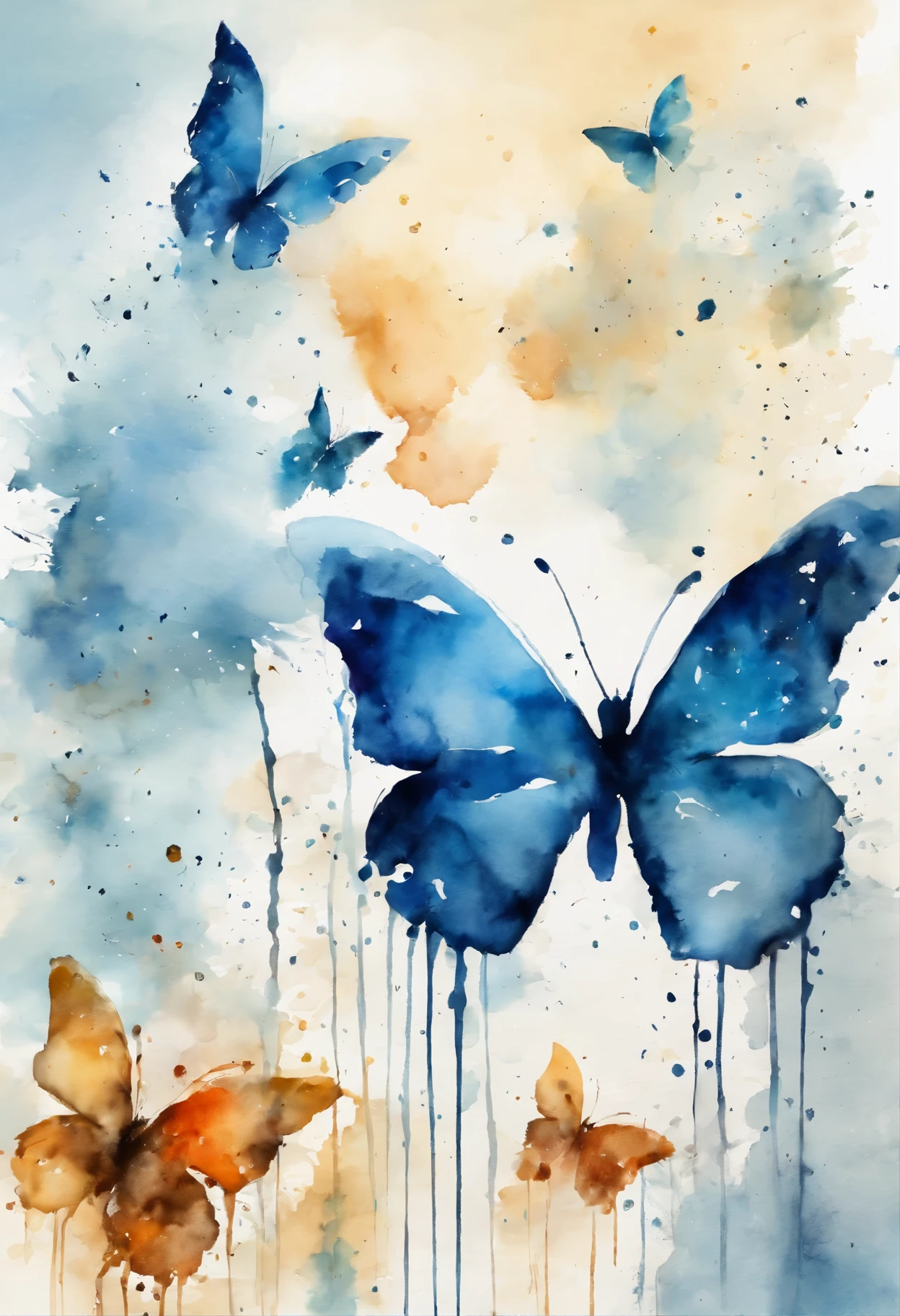 Blue sky with butterflies in watercolor style, splash