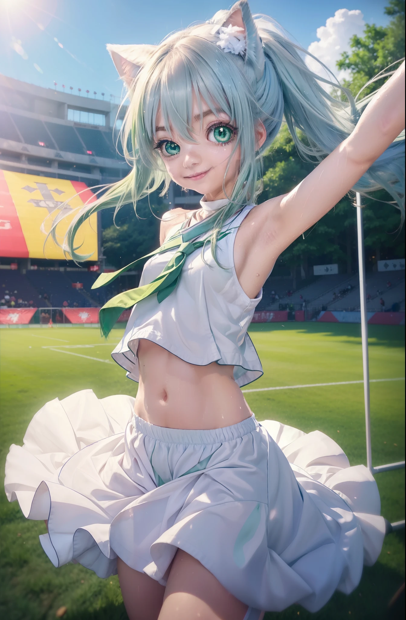 index, index, (green eyes:1.5), silver hair, long hair, (flat chest:1.2),ponytail,smile,blush,open your mouth,(cheer leading), (whole body),animal ears　 Cat ear,Animal tail　cat tail,lower, (sweaty), sweaty Wet Clothes, (white clothes), , Navel support, playground, (jump), (jump), 足を曲げてjumpする, air, blue sky, Grass原, smile,Cheerleader, pom pom \(cheer leading\), Grass, smile, 
break looking at viewer, Upper body, whole body,
break indoors, stadium,
break (masterpiece:1.2), highest quality, High resolution, unity 8k wallpaper, (figure:0.8), (beautiful deしっぽed eyes:1.6), extremely deしっぽed face, perfect lighting, extremely deしっぽed CG, (perfect hands, perfect anatomy),