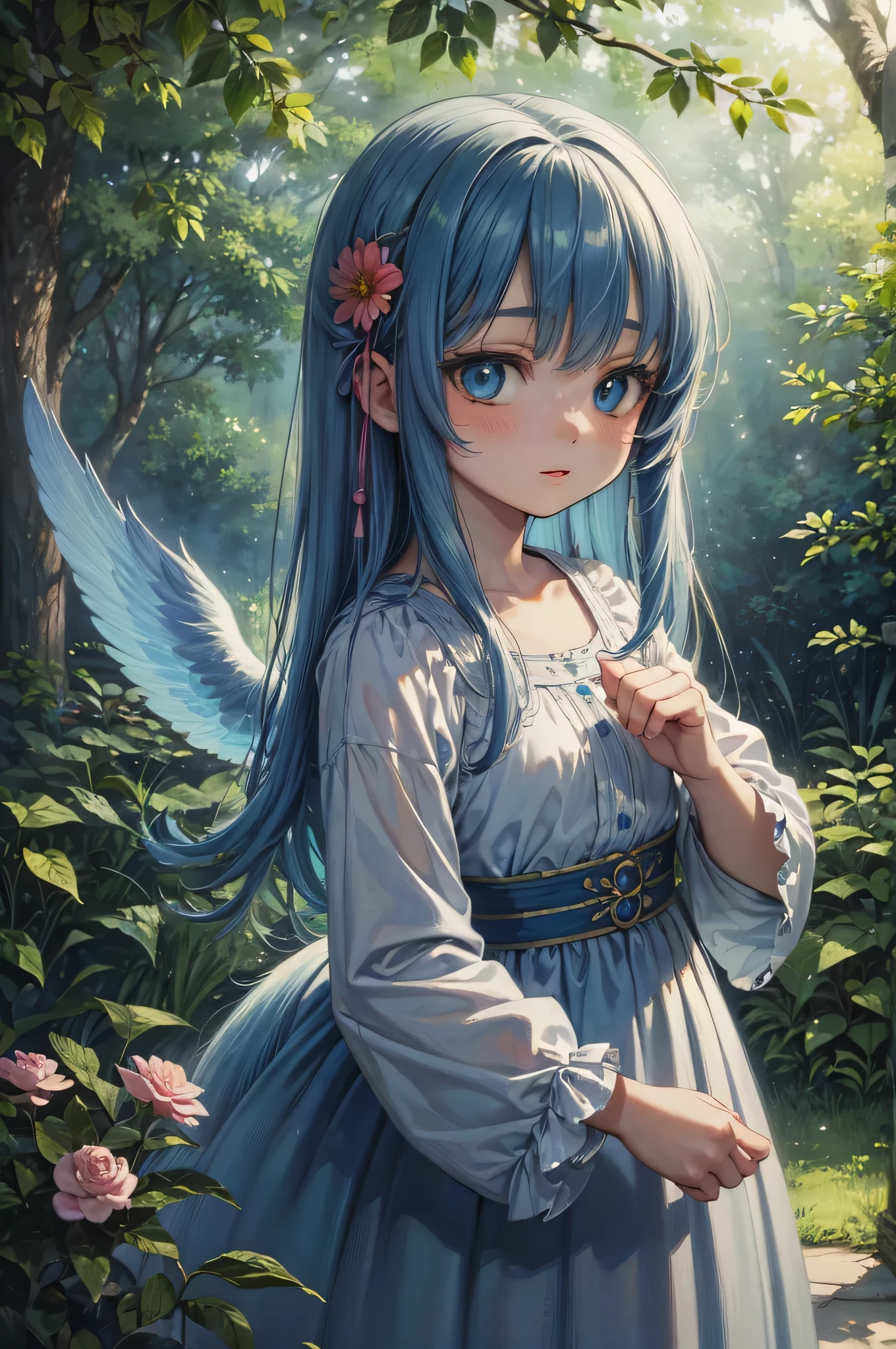 (best quality,ultra-detailed,realistic:1.37),blue-haired,9--old,aii fox girl with blue eyes,playfully flying with blue wings in a vibrant enchanted forest, magical atmosphere, warm sunlight filtering through the leaves, a gentle breeze rustling the foliage, surrounded by colorful flowers and whimsical creatures, a touch of ethereal glow emphasizing her enchanting presence, watercolor painting style, delicate brushstrokes, vibrant colors, dreamlike and surreal, capturing the joy and innocence of childhood.