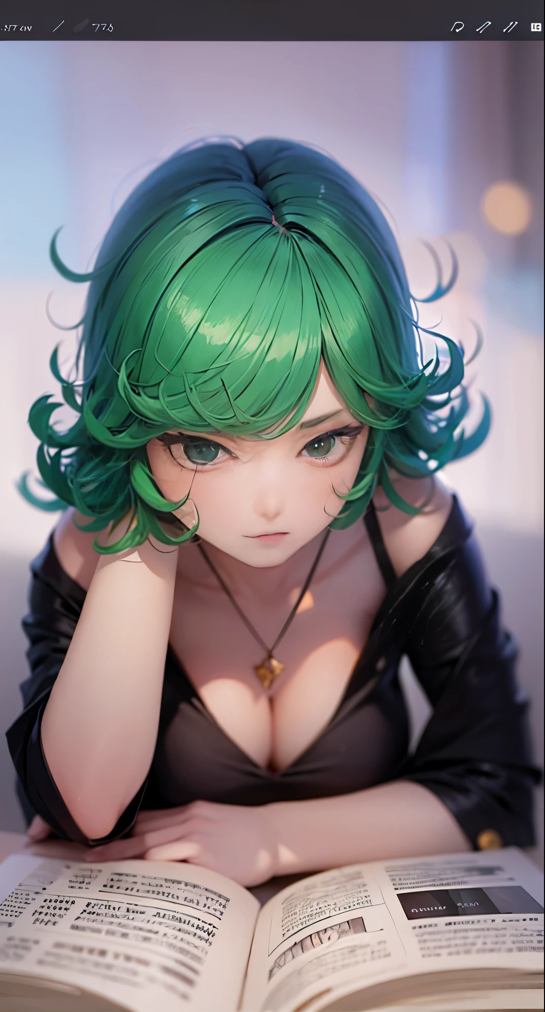 anime girl with green hair and black dress laying on floor next to open book, an anime drawing by Shitao, pixiv, fantasy art, top rated on pixiv, at pixiv, tatsumaki from one punch man, beautiful anime girl,jack-O', bending over, seductive anime girl, the anime girl is crouching, tatsumaki