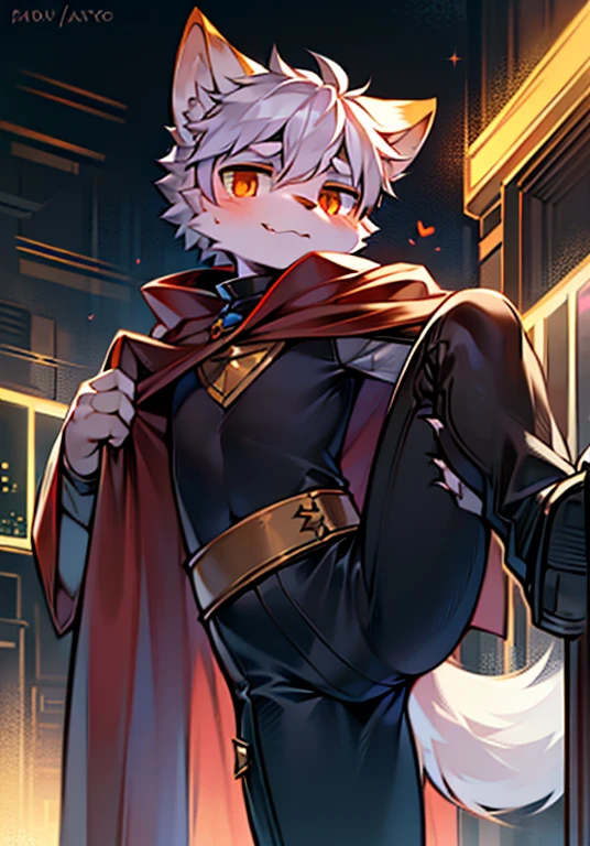 Prompt In a future world with a cyberpunk vibe, there is a young boy who embodies the essence of a wolf. He stands tall, dressed in a warrior costume, with a flowing cape billowing behind him. The surroundings are wild and untamed, reflecting the rawness of the environment. The artwork is a masterpiece, rendered in the best quality, ensuring every detail is crystal clear. The resolution is in stunning 8K, with a fully high-definition background that complements the scene perfectly. The art style resembles that of a cartoon, giving it a sense of cuteness and charm. The boy's fluffy tail adds to his appeal, with its soft and furry texture. His pure white fur stands out against his white body, accentuated by his striking orange eyes. He is the sole protagonist in this artwork, with his wolf ears and tail fully displayed. The artist has masterfully captured the essence of his features, using soft lines to bring out his captivating expression. The boy playfully lifts his leg, showing off his adorable posture and his playful personality.Pouting his ass