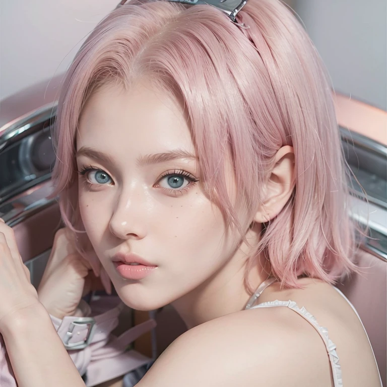 young woman, short shoulder-length pink hair, wide forehead, porcelain skin, pink eyebrows, big emerald green eyes, buttoned nose, full lips, heart-shaped face, slender body, small breasts, red tank top, Sakura Haruno , realistic, realism, details, 3d, well detailed