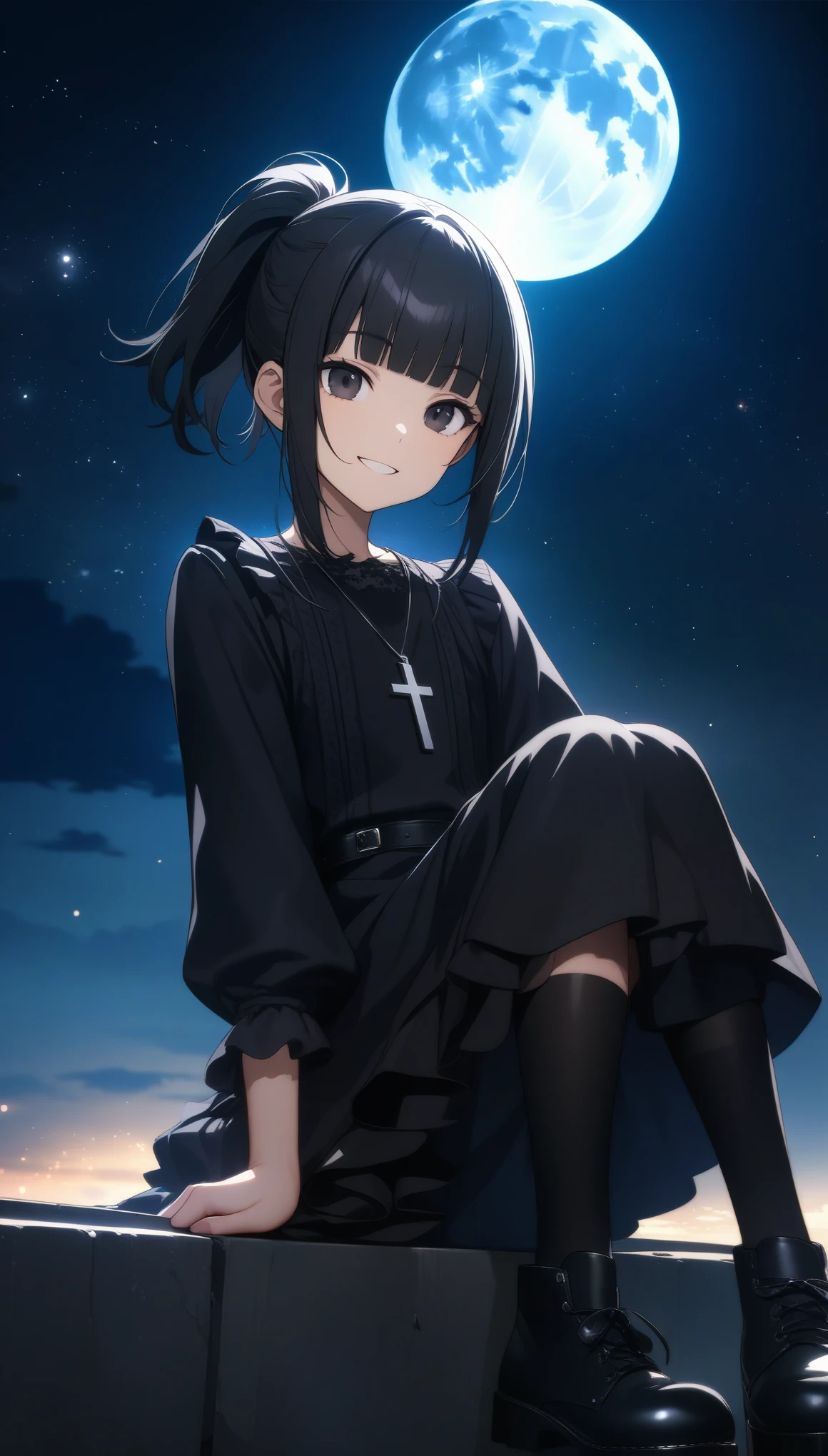 32k, best quality, ultra high res, HDR, UHD, extremely detailed CG, unity 32k wallpaper, (((hight quality))), (((high-level image quality))), (((smile))), (((Black gothic lolita))), (((full moon))), (((hight quality starry sky background))), (((Black hair))), (((short ponytail))), (((Black eyes))), (((16 years old))), (((Black over knee socks))), (((blunt bangs))), (((cross necklace))),
