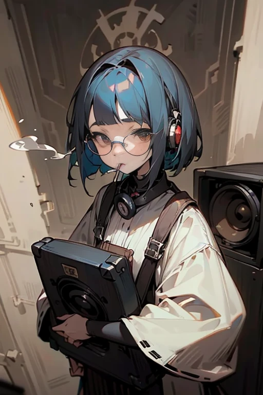 blue hair、Carrying a speaker、bob cut、headphones、glasses、Electronic cigarettes