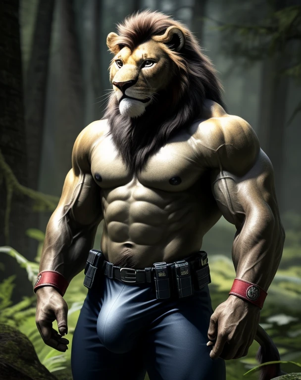 anthro, lion, solo, male, adult, veiny muscles, very muscular, buffed body, beefy, deep dark blue military pants, war hero, serious look, small eye, furred body, detailed background, forest background, clear weather, realistic, photorealistic, ultra realistic, 8k, bare-chested, red armband, black nipples, bulge, black eyes, tight big crotch, shirtless, unbutton deep dark blue jacket, utility belt, glistening skin, masterpiece