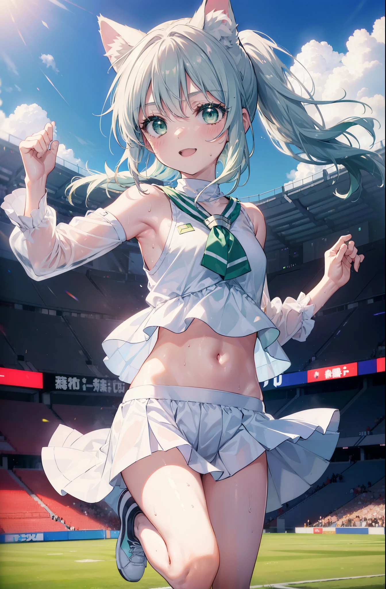 index, index, (green eyes:1.5), silver hair, long hair, (flat chest:1.2),ponytail,smile,blush,open your mouth,(cheer leading), (whole body),animal ears　 Cat ear,Animal tail　cat tail,lower, (sweaty), sweaty Wet Clothes, (white clothes), , Navel support, playground, (jump), (jump), 足を曲げてjumpする, air, blue sky, Grass原, smile,Cheerleader, pom pom \(cheer leading\), Grass, smile, 
break looking at viewer, Upper body, whole body,
break indoors, stadium,
break (masterpiece:1.2), highest quality, High resolution, unity 8k wallpaper, (figure:0.8), (beautiful deしっぽed eyes:1.6), extremely deしっぽed face, perfect lighting, extremely deしっぽed CG, (perfect hands, perfect anatomy),