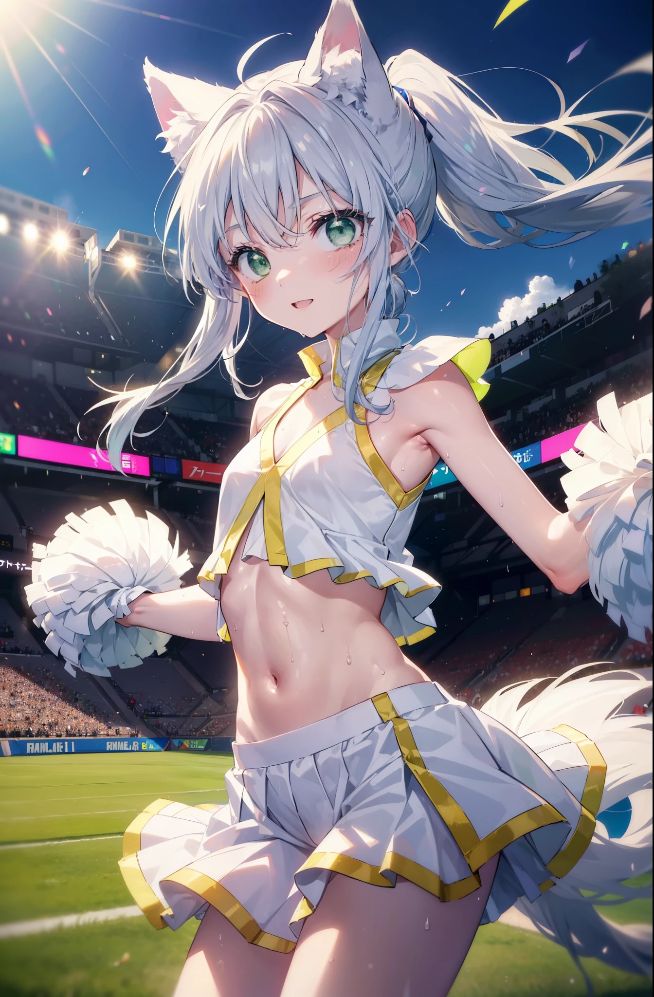 index, index, (green eyes:1.5), silver hair, long hair, (flat chest:1.2),ponytail,smile,blush,open your mouth,(cheer leading), (whole body),animal ears　 Cat ear,Animal tail　cat tail,lower, (sweaty), sweaty Wet Clothes, (white clothes), , Navel support, playground, (jump), (jump), 足を曲げてjumpする, air, blue sky, Grass原, smile,Cheerleader, pom pom \(cheer leading\), Grass, smile, 
break looking at viewer, Upper body, whole body,
break indoors, stadium,
break (masterpiece:1.2), highest quality, High resolution, unity 8k wallpaper, (figure:0.8), (beautiful deしっぽed eyes:1.6), extremely deしっぽed face, perfect lighting, extremely deしっぽed CG, (perfect hands, perfect anatomy),