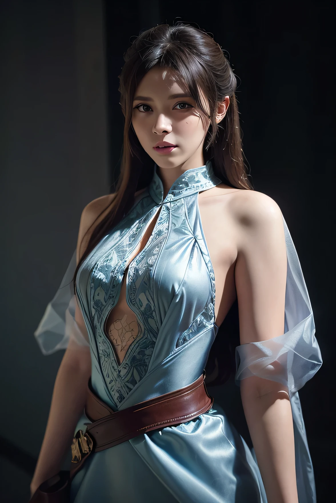 Hyperrealist portrait of female by david hockney and alphonse mucha,fantasy art, photo realistic, dynamic lighting, artstation, poster, volumetric lighting, very detailed faces, 4 k, award winning,, 1girl, in the dark, deep shadow, low key,cowboy shot,(official clothing:1.4) ,long hair,white hair,