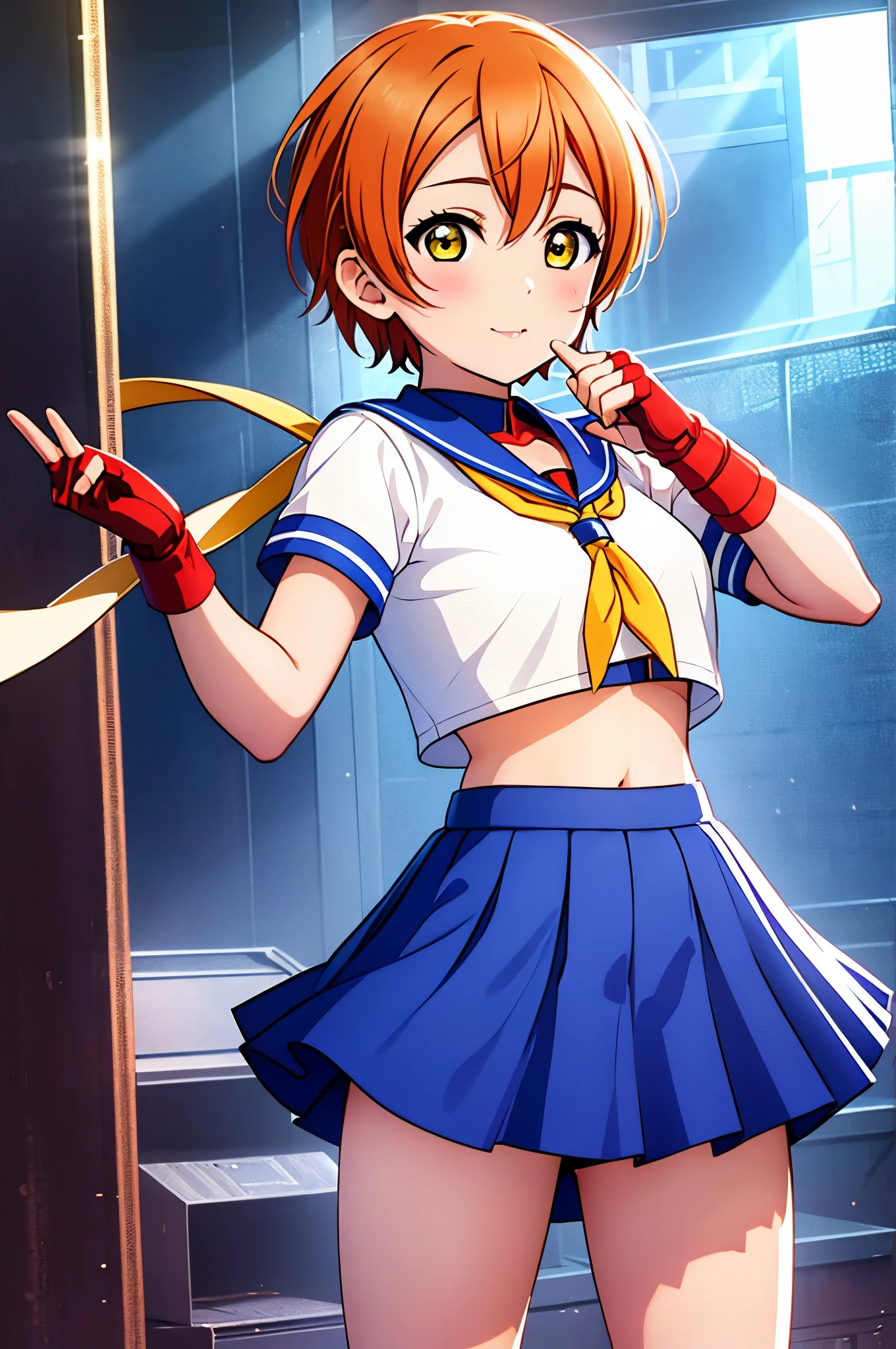 Hoshizora rin, orange hair, yellow eyes ,short hair, bangs, , crop top, red neckerchief, ((blue skirt)), fingerless gloves, thighs, standing, cowboy shot