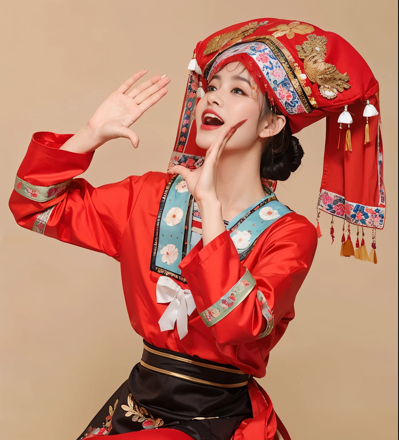 araffe dressed in a red Hanfu and a hat, traditional this costume, traditional clothes, traditional clothing, traditional chinese, traditional costume, traditional dress, traditional chinese clothing, Hanfu, Wear authentic clothing, Matching Chinese clothing, traditional, High quality theatrical costumes, authentic clothing, this costume, traditional beauty, wearing chinese clothes, gujian