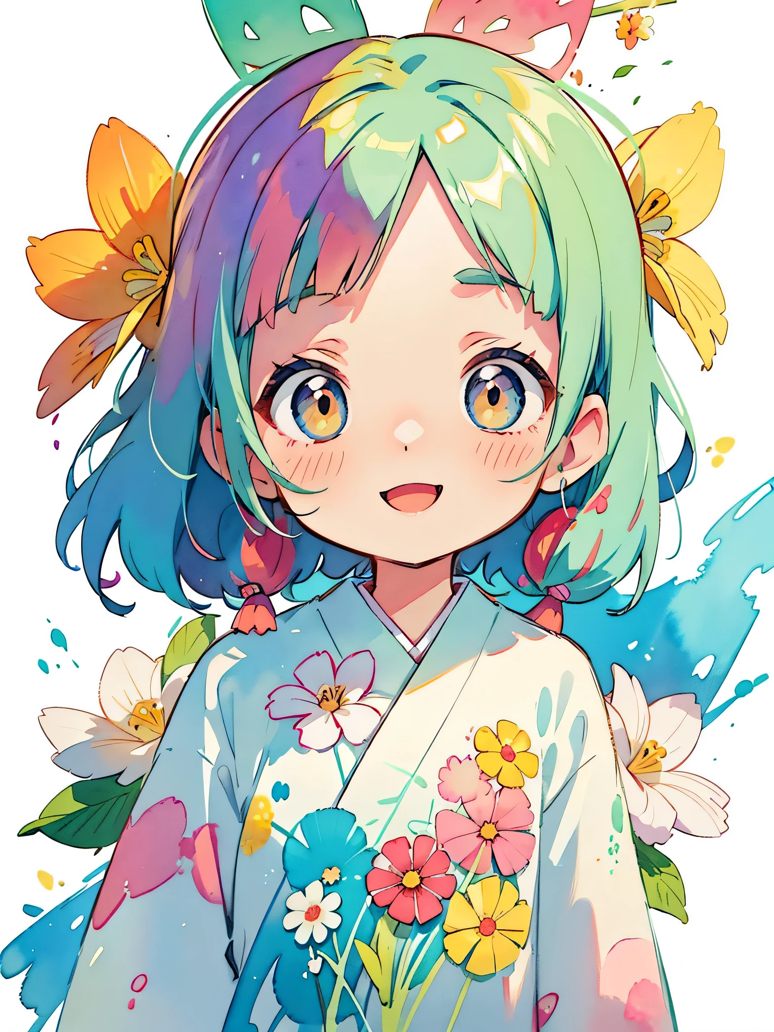 Takashi Murakami Style、Plumeria painting with splatter background and spray paint effect, author:adam hughes, stylish fashion, upper body center, colorful hair,、big happy smile, watercolor art, watercolor painting, watercolor painting風, watercolor detailed art, watercolor digital painting, Watercolor paints, A beautifully detailed watercolor painting, watercolor art,japanese woman,(((Chibi)))、picnic