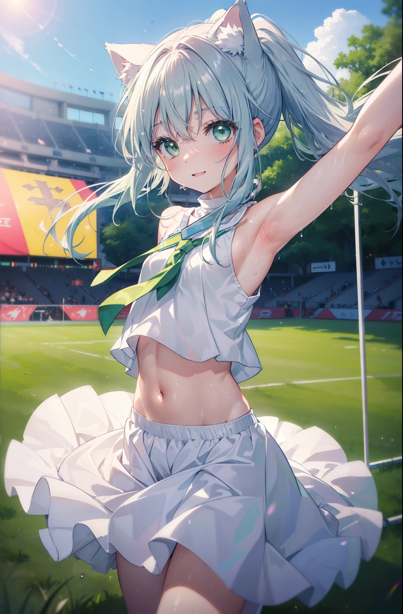 index, index, (green eyes:1.5), silver hair, long hair, (flat chest:1.2),ponytail,smile,blush,open your mouth,(cheer leading), (whole body),animal ears　 Cat ear,Animal tail　cat tail,lower, (sweaty), sweaty Wet Clothes, (white clothes), , Navel support, playground, (jump), (jump), 足を曲げてjumpする, air, blue sky, Grass原, smile,Cheerleader, pom pom \(cheer leading\), Grass, smile, 
break looking at viewer, Upper body, whole body,
break indoors, stadium,
break (masterpiece:1.2), highest quality, High resolution, unity 8k wallpaper, (figure:0.8), (beautiful deしっぽed eyes:1.6), extremely deしっぽed face, perfect lighting, extremely deしっぽed CG, (perfect hands, perfect anatomy),