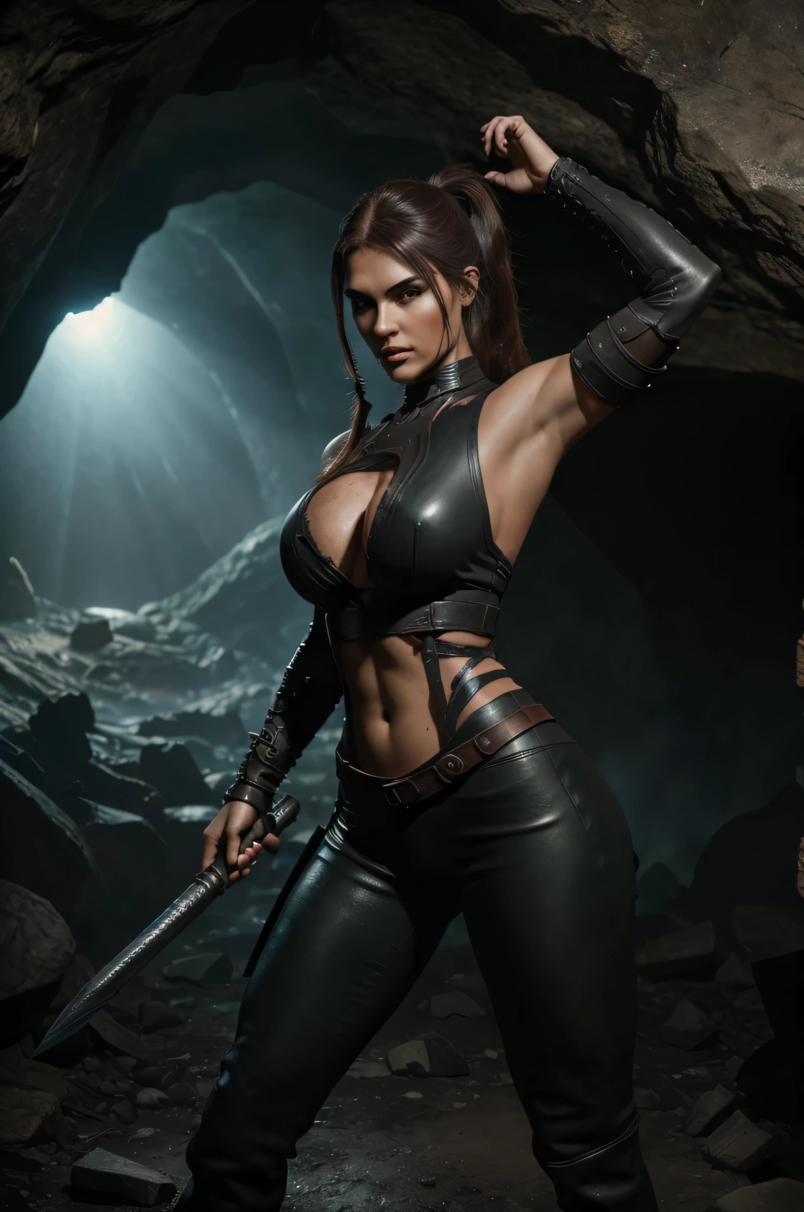 full body barbarian warrior woman, long brown ponytail, brown eyes, high arched eyebrows, red lips, black leather pants, tight sleeveless green torn spotted leotard leather boots in a dark mystical cave, fighting a fire-breathing fearsome dragon, (realistic, photorealistic, photorealistic:1.37 ), horror, dark and gloomy atmosphere with dramatic lighting, dull colors, Foggy environment
