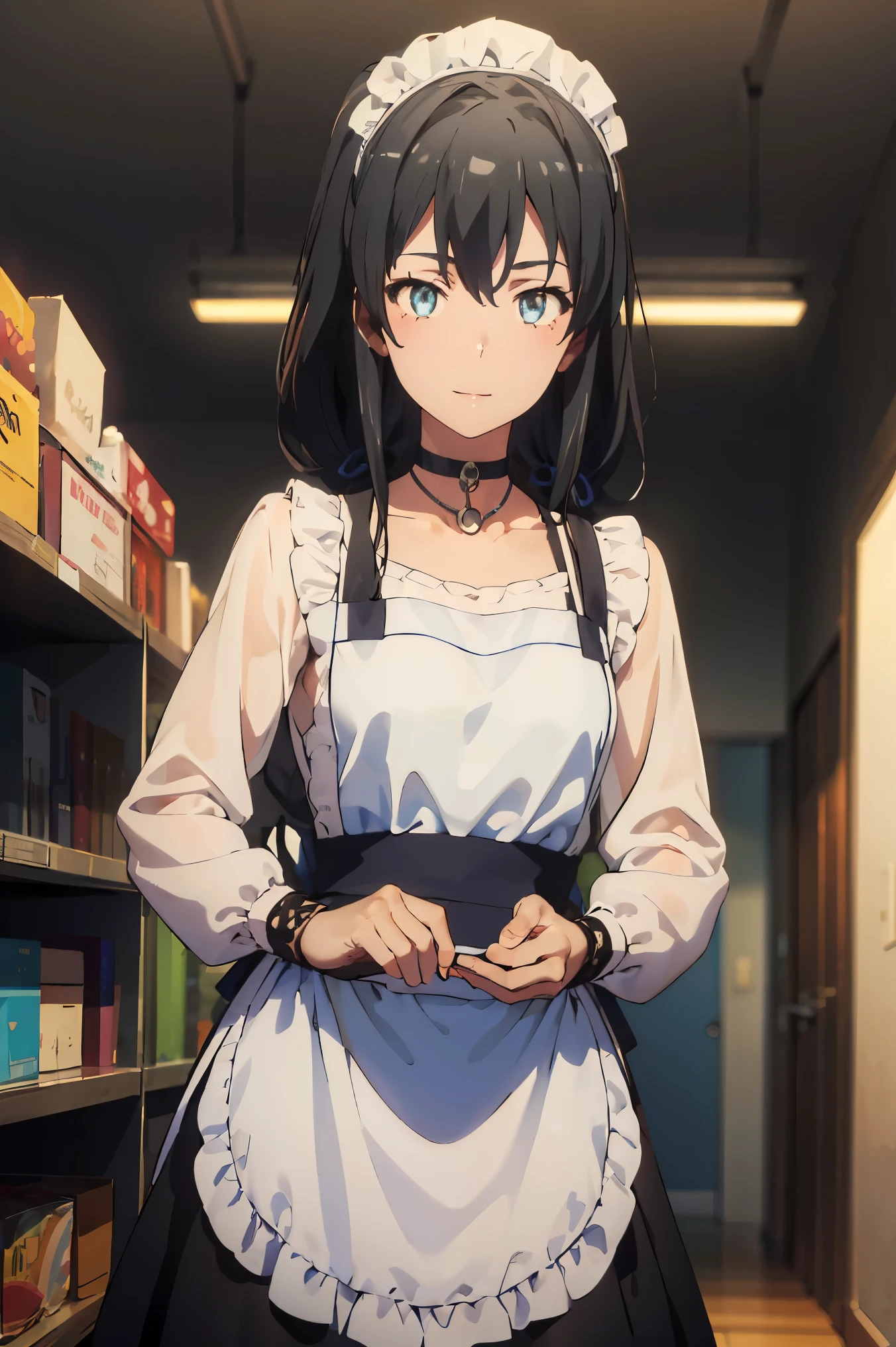 score_8_up, score_7_up, source_anime,1 girl, solo, hair_ponytail ribbon,Black hair, eyes blue, long hair, smile , Yukinoshita Yukino 
BREAK (black dress ,maid headdress, maid apron, maid dress,white collar ,necklace,long_sleeves,maid,collarbone,choker,fingerless_gloves:1.2)
BREAK gym storeroom,
BREAK (looking at viewer, standing from below:1.1),
BREAK (masterpiece:1.2), best quality, high resolution,NSW ,unity 8k wallpaper, (illustration:0.8), (beautiful detailed eyes:1.6), extremely detailed face, perfect lighting, extremely detailed CG, (perfect hands, perfect anatomy),