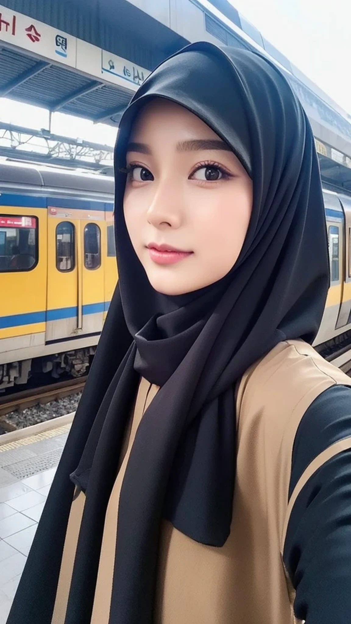 Realistic, ultra sharp, Beautuful Women、hijab, indonesian, train station、selfee、The face is cute、Vanrak Ayyans appears、1 girl, stylish