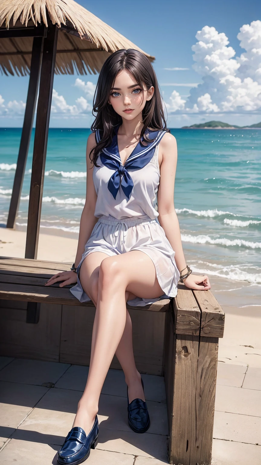 ((最high quality, 8K, masterpiece: 1.3, Ultra HD, high quality, 最high quality, High resolution, realism)) 、A beautiful 18-year-old white woman、髪colorはプラチナブロンド、color、blue eyeedium hair、straight hair、smile、Slender but well-proportioned muscular body、Athlete-like body type、I don't want my head to disappear from the screen.、Walk on a high seawall at the beach、I put my hand on my forehead and look at the sea、The blue sky is beautiful、There is an entrance cloud、It's summer、sailor suit((summer clothes))wear、紺colorのプリーチスカート履く、wear loafers、There is a bus stop that looks like a hut on the coastline road where you can see the ocean.、Sit on a bench at the bus stop、The sea breeze feels good