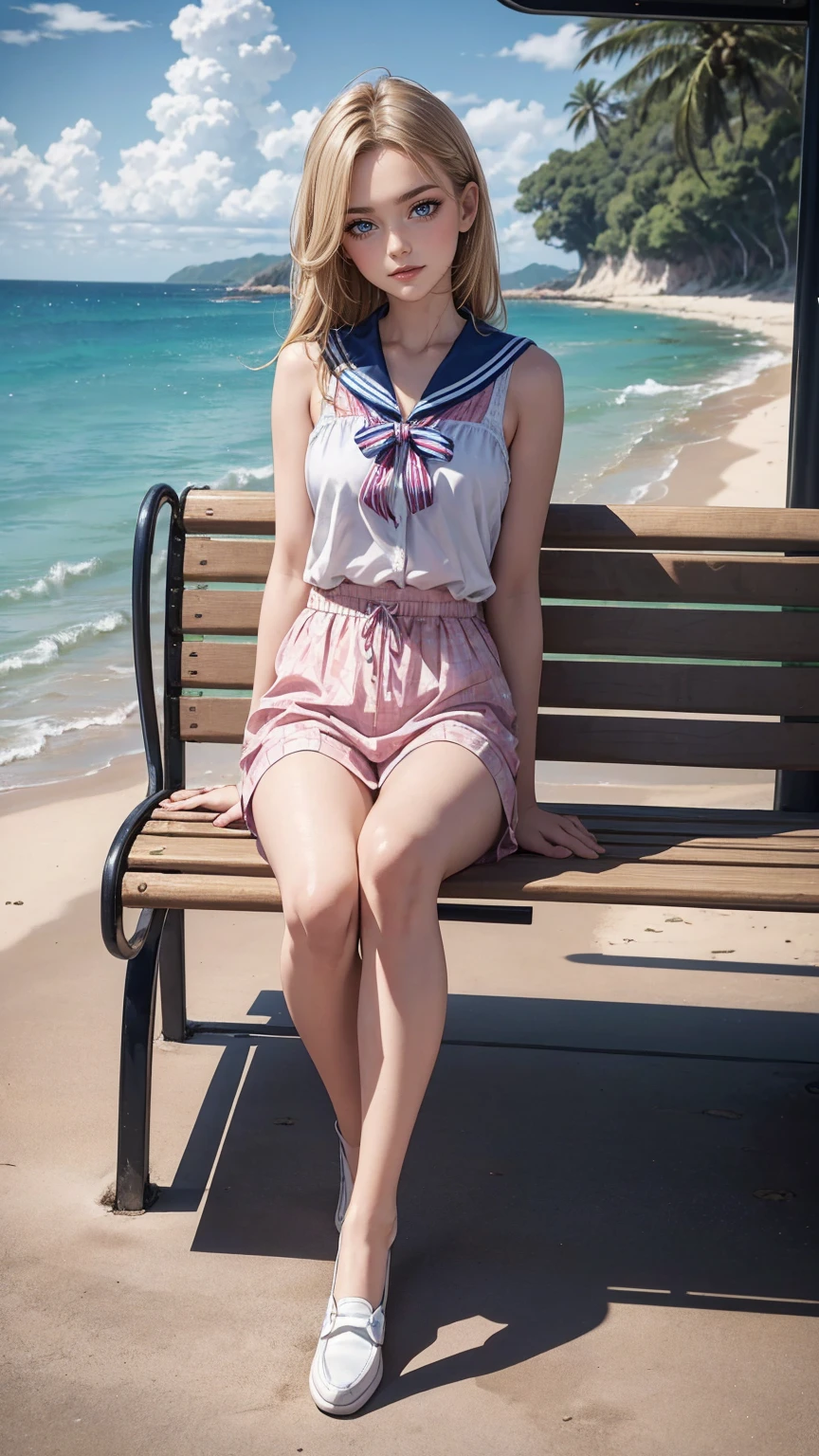 ((最high quality, 8K, masterpiece: 1.3, Ultra HD, high quality, 最high quality, High resolution, realism)) 、A beautiful 18-year-old white woman、髪colorはプラチナブロンド、color、blue eyeedium hair、straight hair、smile、Slender but well-proportioned muscular body、Athlete-like body type、I don't want my head to disappear from the screen.、Walk on a high seawall at the beach、I put my hand on my forehead and look at the sea、The blue sky is beautiful、There is an entrance cloud、It's summer、sailor suit((summer clothes))wear、紺colorのプリーチスカート履く、wear loafers、There is a bus stop that looks like a hut on the coastline road where you can see the ocean.、Sit on a bench at the bus stop、The sea breeze feels good