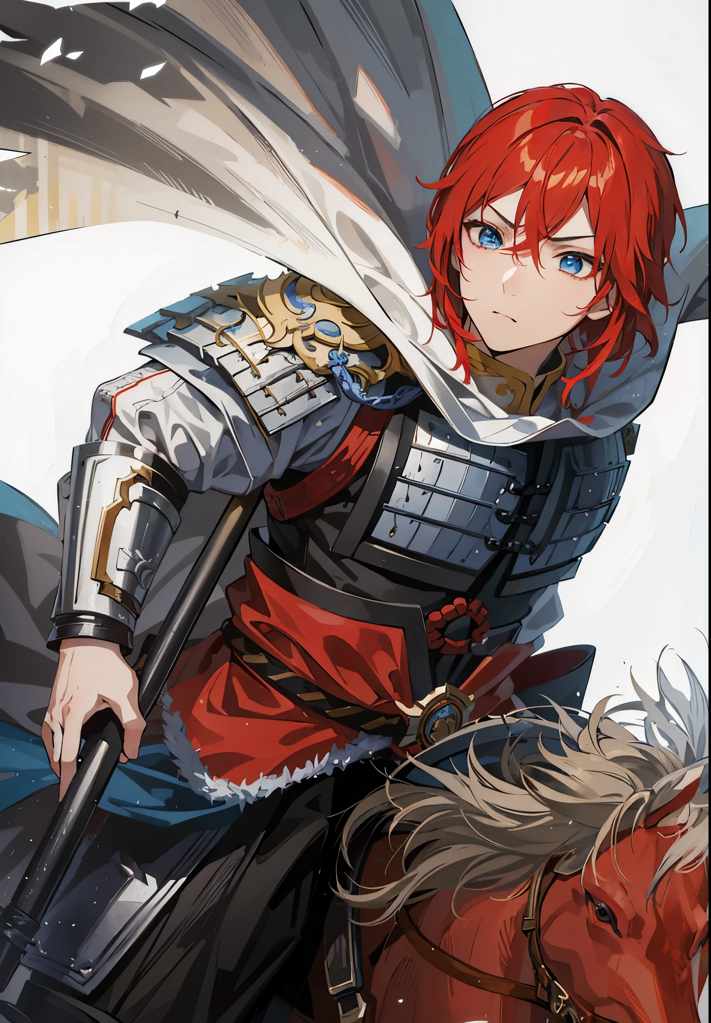 Red-haired anime character riding a red horse,手拿长枪骑着红马的handsome guy，Inspired by Zhao Yun，Inspired by the red-haired Chinese warrior Jiang Wei from Dynasty Warriors, fantasy style anime, wearing shining armor, 先进的数字动漫艺术”Anime Fantasy Artwork, Detailed anime character art, 斩妖除魔艺术中的handsome guy, shadow poetry style, wearing shining plate armor, Anime Fantasy Illustration, zero art, Anime Fantasy Artwork，Three Kingdoms style，Dynasty Warriors style，blue eyes，Red eyebrows，Dark red eyelashes，young general，Wearing a Chinese style helmet，handsome guy，Zhao Yun's helmet，The expression is slightly serious，Drinking the enemy