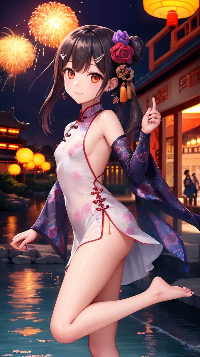 best quality,official art,Extremely detailed CG unified 8k wallpaper, (Wide-angle lens),1 girl, (Meiyu Edelfeldt),,black hair,brown eyes,seductive smile,National Science Foundation, barefoot, see through dress, Butterfly, Butterfly hair accessories, backless dress, Chinese clothes,sleeveless, twice as good,Golden dragon pattern,barefoot,full moon,Elbow gloves,bun, hair accessories,jewelry,earrings,Bead Anklet,thin legs,nail polish, small breasts, alone, toenail polish, toe甲, toe, Double tail,outdoor,Chinese style architecture, Chinese style, lake, ancient town, Beautiful and detailed water,red lantern,fireworks,