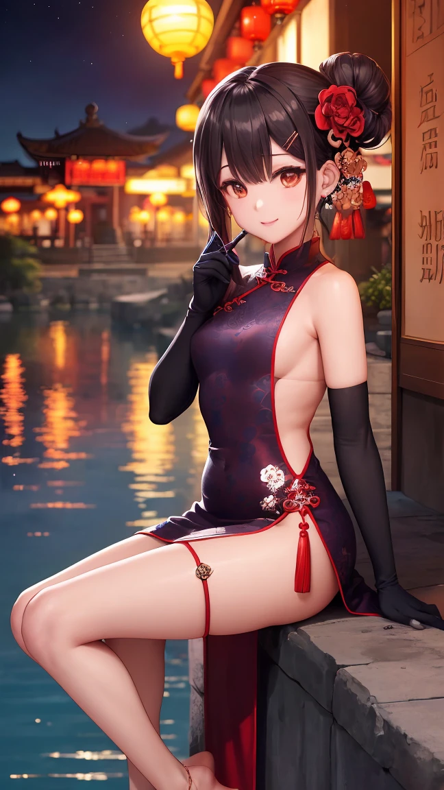 best quality,official art,Extremely detailed CG unified 8k wallpaper, (Wide-angle lens),1 girl, (Meiyu Edelfeldt),,black hair,brown eyes,seductive smile,National Science Foundation, barefoot, see through dress, Butterfly, Butterfly hair accessories, backless dress, Chinese clothes,sleeveless, twice as good,Golden dragon pattern,barefoot,full moon,Elbow gloves,bun, hair accessories,jewelry,earrings,Bead Anklet,thin legs,nail polish, small breasts, alone, toenail polish, toe甲, toe, Double tail,outdoor,Chinese style architecture, Chinese style, lake, ancient town, Beautiful and detailed water,red lantern,fireworks,