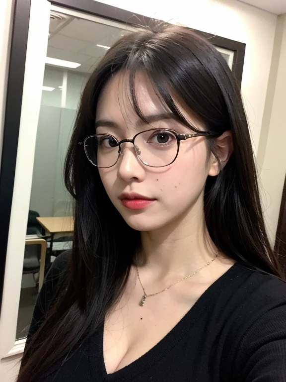 ((最high quality、8K、masterpiece、portrait:1.3)), lively, realistic, Super detailed, hair, high quality, 35 years oldのきれいな女日本人女性, 35 years old, Glasses, plump body, Large, saggy, soft breasts、cleavage、黒く長い美しいhair, A neat and tidy secretary, A simple and modern liquid in reality, Taken at the best angle