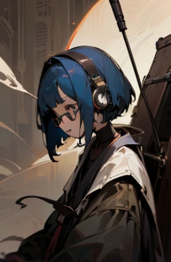 blue hair、He has a big speaker on his back、bob cut、headphones、glasses、Electronic cigarettes