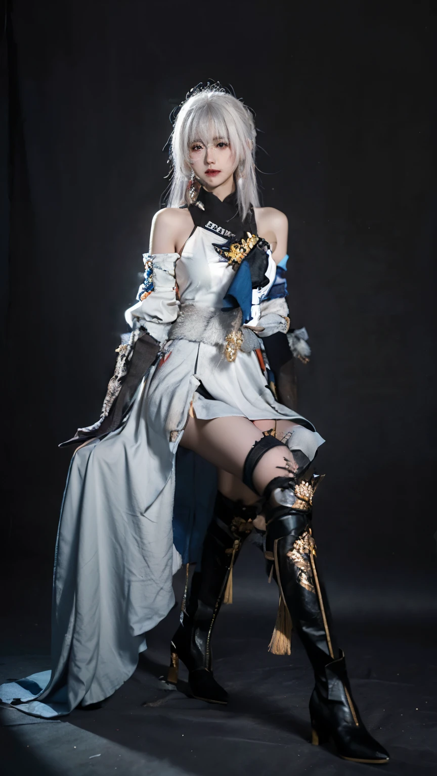 best quality, masterpiece, lifelike, 1 girl, alone, whole body, permanent, hair between eyes,  jingliu role play costume, white hair, role play, skirt, Chinese clothes, boots, high-heel boots, Separate sleeves, elbow Gloves, Gloves, hair accessories, Simple background, 