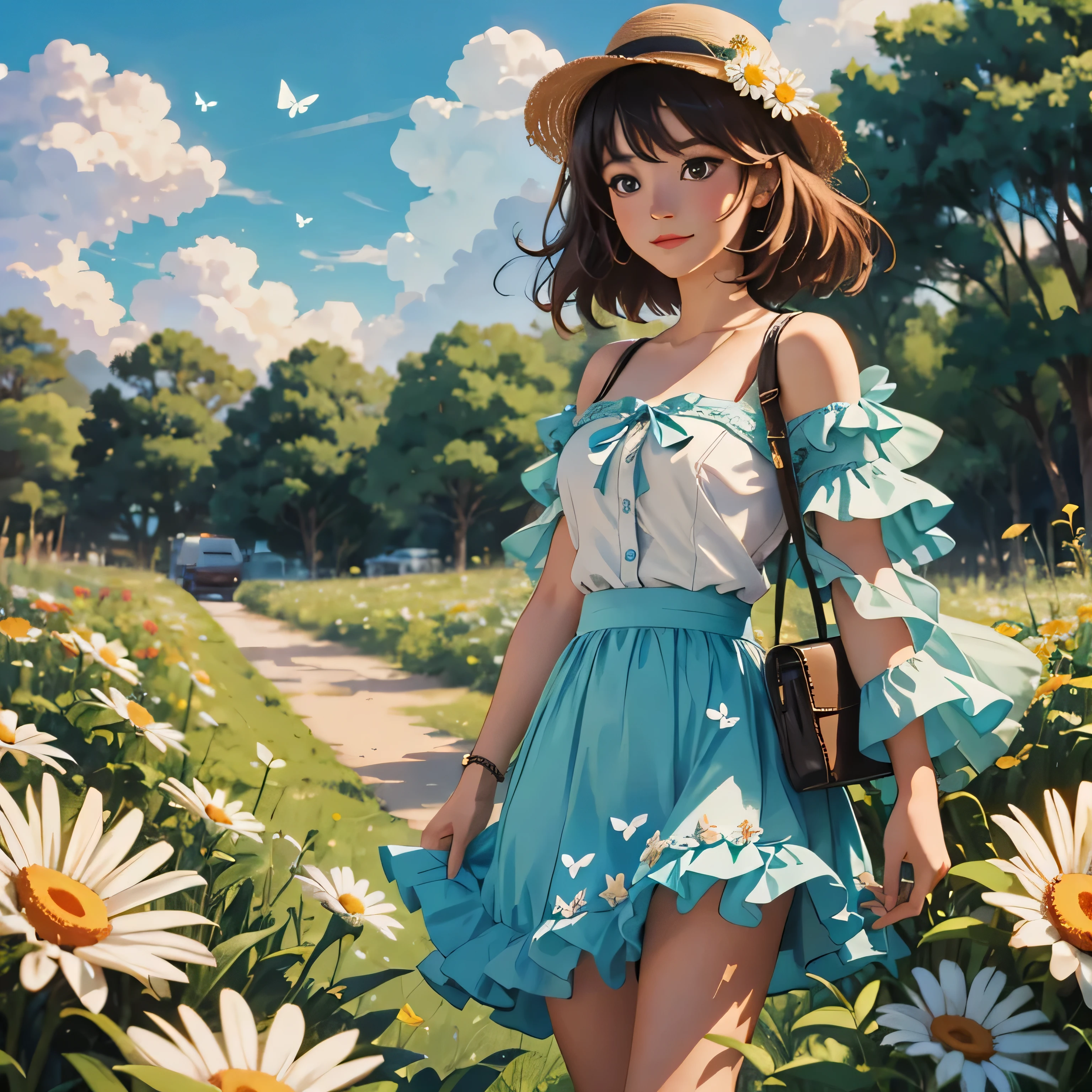 Illustration of a 10 year old brunette girl, "happy" in a flower garden, blue sky of clouds, playing with butterflies, beautiful illustration, beautiful painting, beautiful UHD 4k art, beautiful art, a beautiful art illustration, art in the style of guweiz, beautiful painting, atey ghailan 8k, artgerm and atey ghailan, 10 year old brunette girl, happy in a flower garden, playing with butterflies, (butterflies). (best quality, masterpiece), 1girl, pose, particle, wind, flower, full body, garden background, looking at butterflies. --auto