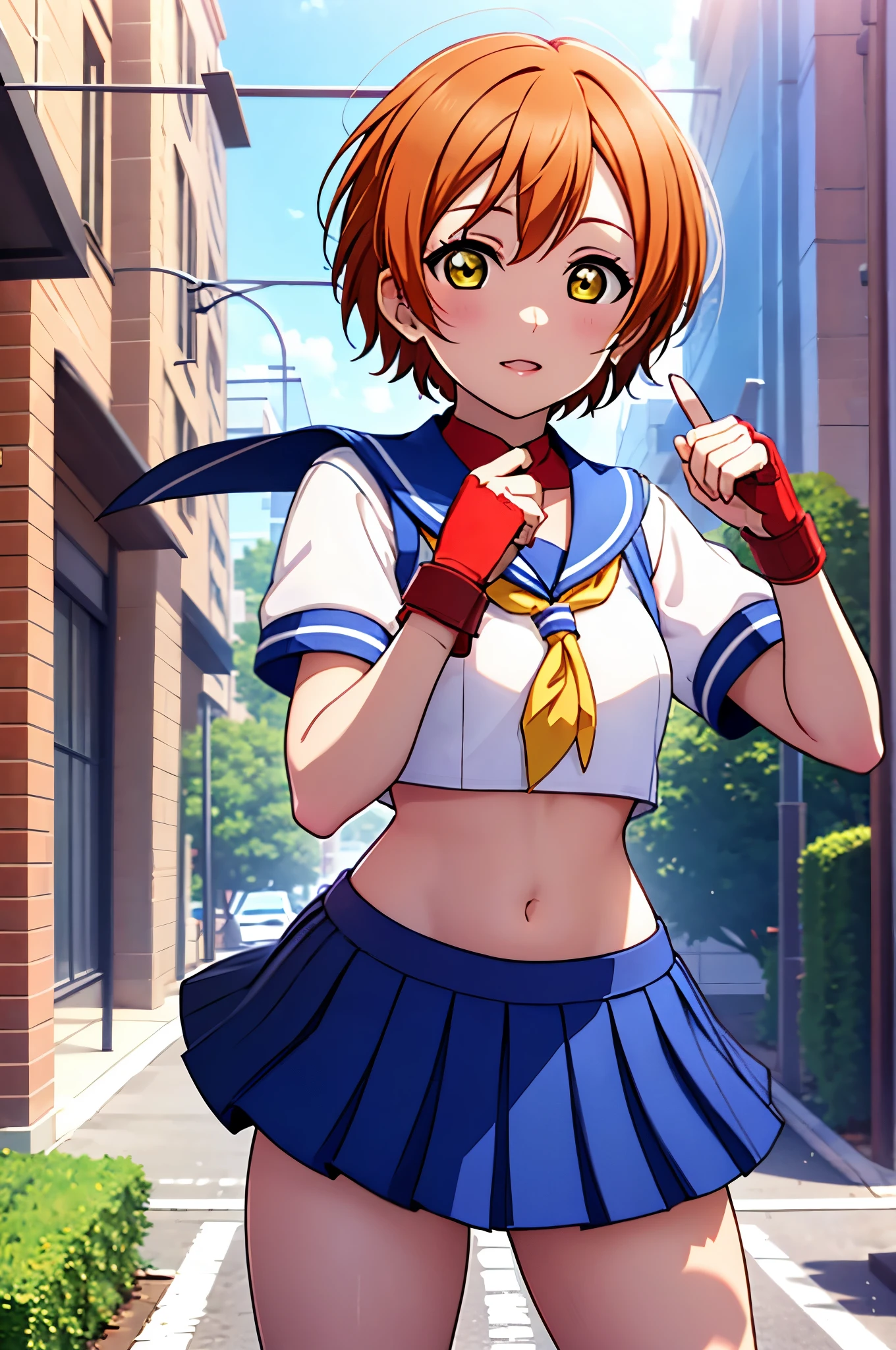 Hoshizora rin, orange hair, yellow eyes ,short hair, bangs, , crop top, red neckerchief,blue micro skirt, fingerless gloves, thighs, standing, cowboy shot,in street 