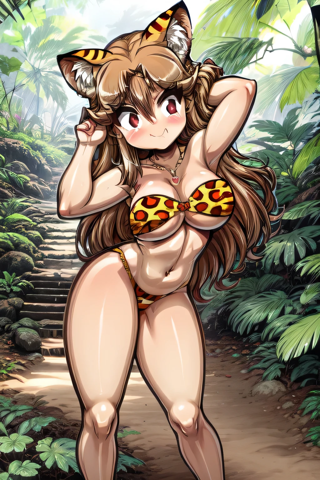 ((Necklace))),(((shiny body))),(((shiny skin))),front tie bra,(((underboobs))),(((midriff))),1girl,solo,long hair,looking at viewer,blush,(((brown hair))),navel,hair between eyes,bare shoulders,brown eyes,purple eyes,collarbone,swimsuit,strapless,bikini,medium size breasts,outdoors,fang,v-shaped eyebrows,nature,yellow bikini,tiger print,print bikini,(((Jungle Background))),animal print,(((Full body))),(((cinematic shot)))
