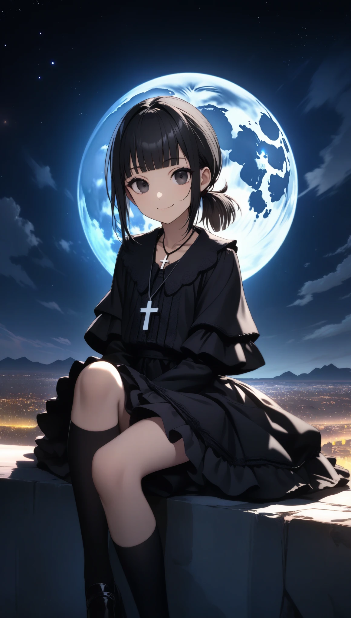 32k, best quality, ultra high res, HDR, UHD, extremely detailed CG, unity 32k wallpaper, (((hight quality))), (((high-level image quality))), (((smile))), (((Black gothic lolita))), (((full moon))), (((hight quality starry sky background))), (((Black hair))), (((short ponytail))), (((Black eyes))), (((16 years old))), (((Black over knee socks))), (((blunt bangs))), (((cross necklace))),