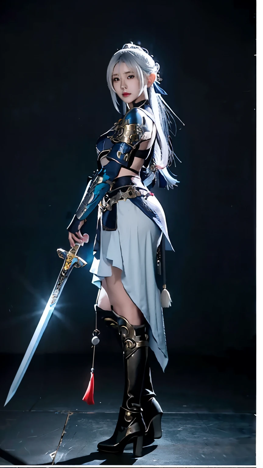 A person in costume、woman holding sword, from Descent 2, ornate role play, Outfits with blue accents, Lineage 2 style, Charming elf princess knight, full body xianxia, anime role play, anime girl role play, 《Genshin》Keqing in, role play, from final fantasy, Blue and colored armor, light blue armor