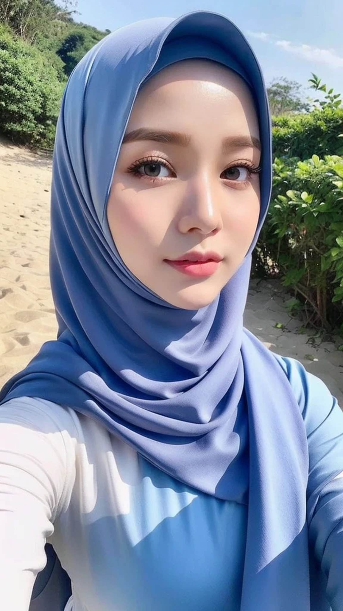 Realistic, ultra sharp, Beautuful Women、hijab, indonesian, beach、selfee、The face is cute、Vanrak Ayyans appears、1 girl, stylish