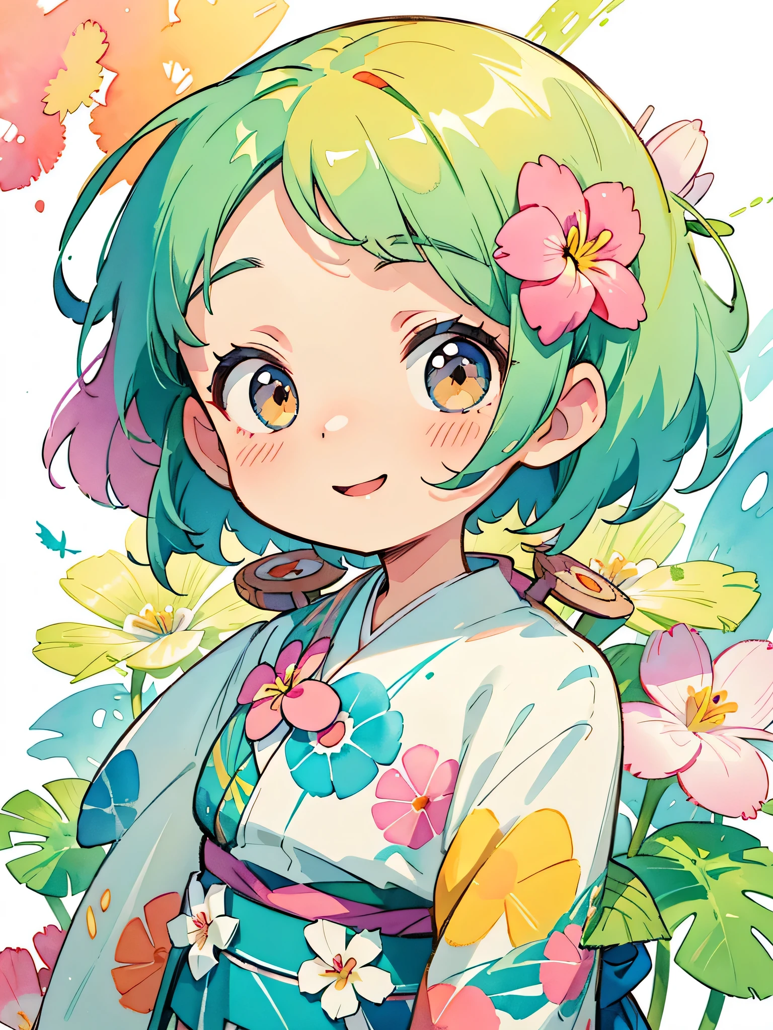 Takashi Murakami Style、Plumeria painting with splatter background and spray paint effect, author：adam hughes, stylish fashion, colorful hair,、big happy smile, watercolor art, watercolor painting, watercolor painting風, watercolor detailed art, watercolor digital painting, Watercolor paints, A beautifully detailed watercolor painting, watercolor art，japanese woman，(((Chibi)))、picnic、little birds、Bento