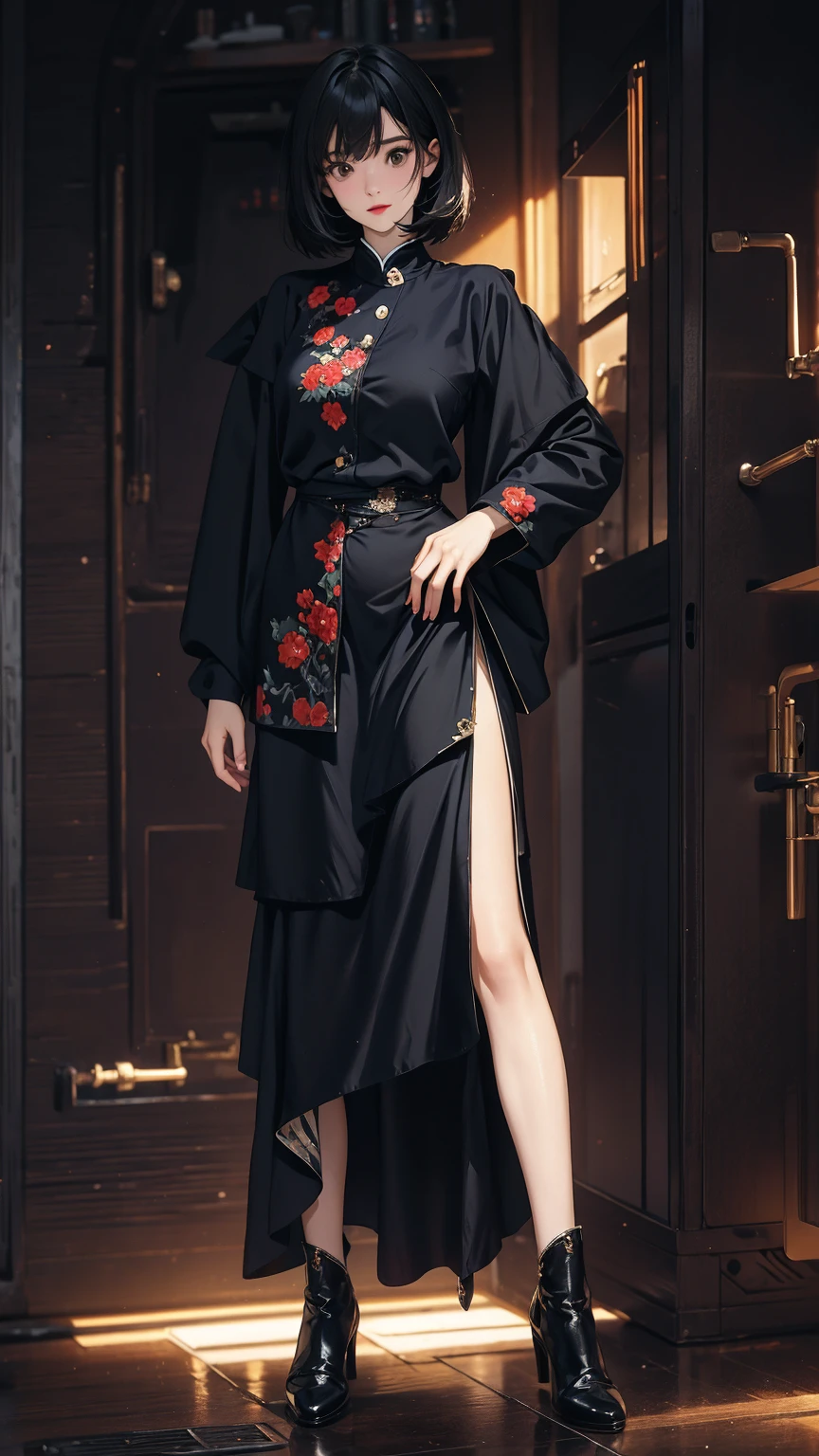 ((Highly detailed CG unit 8k wallpaper, masterpiece, High resolution, highest quality, highest qualityのリアルテクスチャスキン)), (Head to shin composition:1.5, fashion pose:1.2, A cool NY fashion girl influenced by nostalgic and inorganic mode fashion., detailed costume:1.4, Intricately embroidered outfit, Layered maxi skirt and color-blocked top combination:1.3, Asymmetrical short hair, Nana Komatsu), (Vintage style room), hyper realistic, digital painting, concept art,