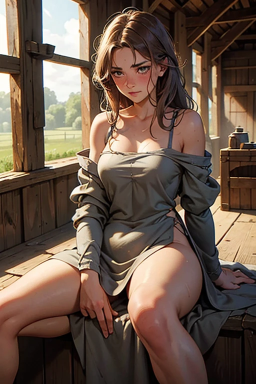 Medieval 19 year old farm girl, in barn, laying down, torn dress, messy hair, sweating, blushing, revealed shoulder, frightened, bruises, legs spread apart, NSFW,