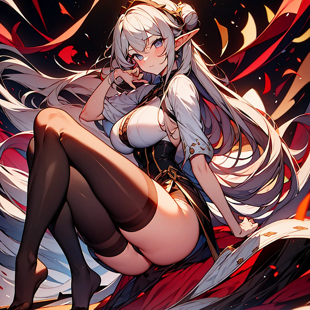 masterpiece,highest quality,1girl, solo ,elf-v2,gray eyes,Her short platinum hair was tied up in two buns.,elf ears,slanted eyes,black pantyhose,model,thin,forget,sitting,crossed legs,only,black shirt,looking at the viewer,full body