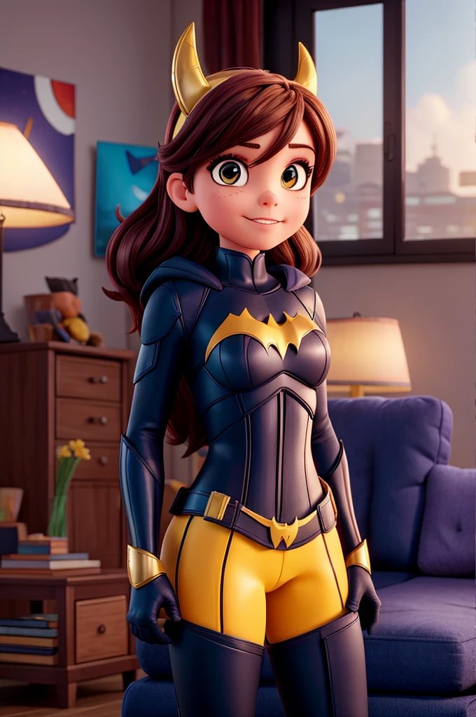 ma menininha de batgirl apoiada no sofa